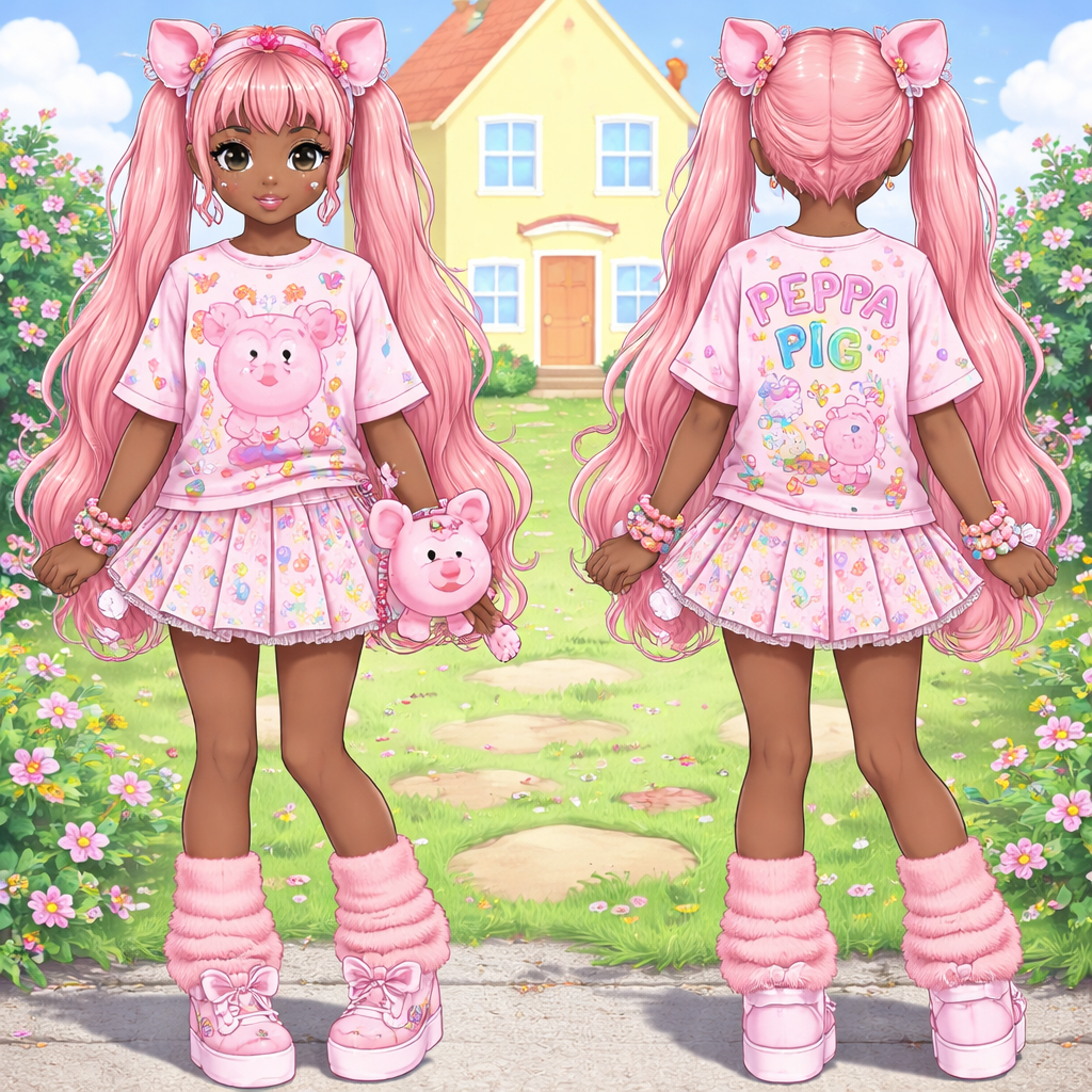 A kwawii shirt with peppa pig on it and and a peppa pig skirt pink leg warmer girl shoes long pink hair brown skin pig ear headband peppa house in the back round a yellow house with a orange roof and rosy pink checks
A kwawii shirt with peppa pig on it and and a peppa pig skirt pink leg warmer girl shoes long pink hair brown skin pig ear headband peppa house in the back round a yellow house with a orange roof and rosy pink checks, japanese_street style, show front and back