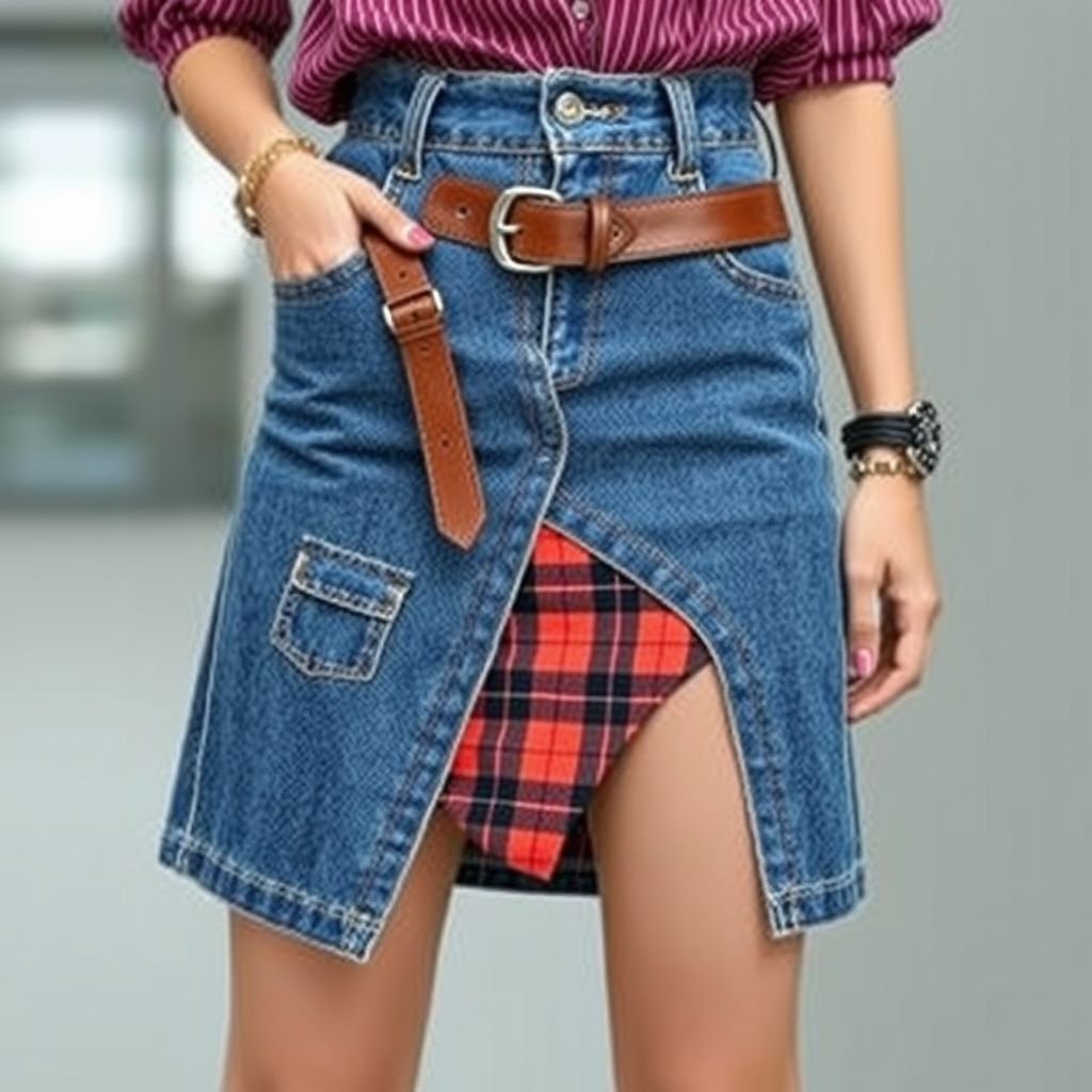 Short jean Skirt with a split to the waist and a leather strap attaching both pieces a plaid skirt under covering the exposed part
Design a striking Korean fashion ensemble featuring a chic short denim skirt with a daring split to the waist, elegantly secured by a bold leather strap. Underneath, a vibrant plaid skirt peeks through, blending playful layers and textures. Highlight asymmetric silhouettes and fresh street style for a stunning urban look.
