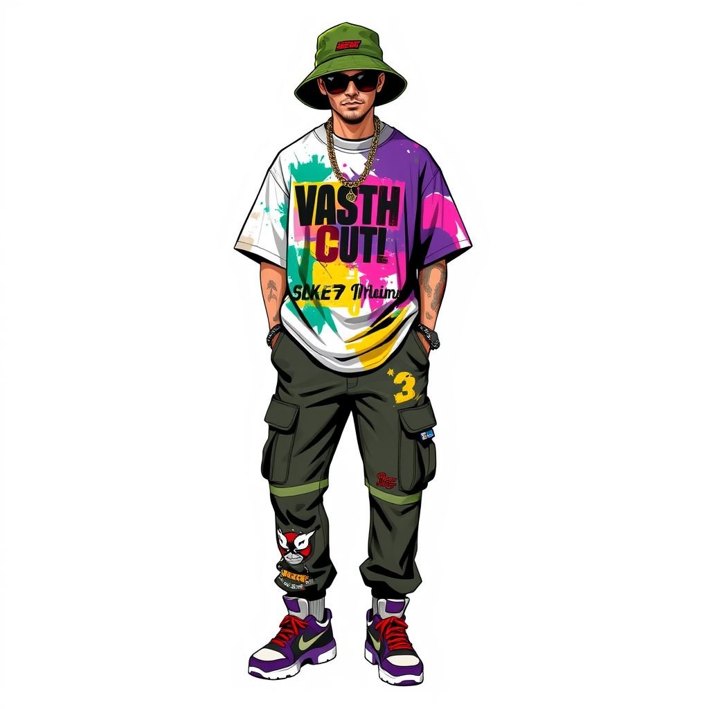 Dit is mooi, maar ik vind het broek niet mooi en de T-shirt is te simpel. Ik wil wat aantrekkelijke punten aan.
Create a bold streetwear ensemble featuring a striking oversized graphic tee adorned with vibrant abstract designs and edgy text. Pair it with tapered cargo pants sporting multiple pockets and vibrant patches. Add chunky sneakers and a coordinating bucket hat. Incorporate unique accessories like layered chains and oversized sunglasses for a complete look.