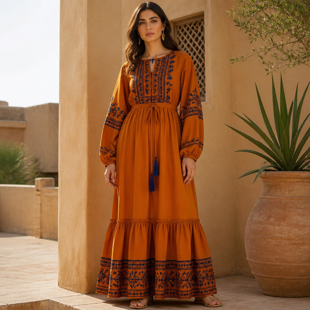 A Female Dress design, suitable for Fall. Consider Egyptian fashion — flowing silhouettes, vibrant colors, cotton and linen traditions, modest yet elegant. Current season is Autumn in Egypt. Present it as professional fashion catalogue photography: the garment is the subject, shown full-length with editorial styling, neutral posing and tasteful, non-suggestive framing.
photorealistic fashion design, A Female Dress design, suitable for Fall. Consider Egyptian fashion — flowing silhouettes, vibrant colors, cotton and linen traditions, modest yet elegant. Current season is Autumn in Egypt. Present it as professional fashion catalogue photography: the garment is the subject, shown full-length with editorial styling, neutral posing and tasteful, non-suggestive framing., just the design no text