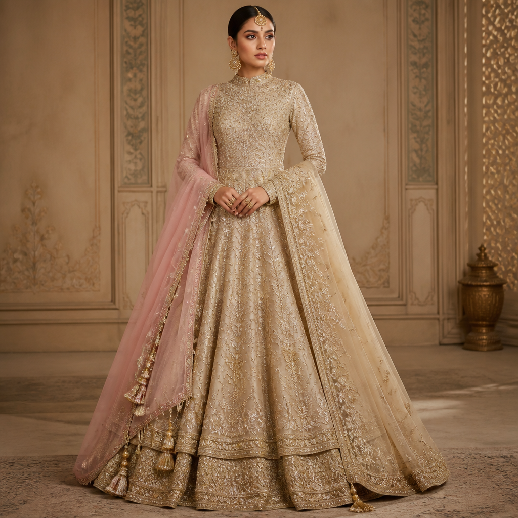 A Female Dress design, made of Silk, for Wedding, suitable for Summer, in Elegant style. Create a photorealistic high-fashion bridal outfit based primarily on the uploaded hand-drawn fashion sketch. The sketch is the exact design blueprint and must be followed precisely for the silhouette, construction, proportions, hem layers, sleeve shape, waist placement, shawl arrangement and overall design. Do NOT copy the garment silhouette from the reference photographs. Use the reference photographs only for the specified colour palette, embroidery language, border design and shawl-work inspiration.
MODEL & PRESENTATION
Create a full-length standing AI bridal fashion model wearing the complete outfit. The model should look like a real professional bridal fashion campaign model, with realistic human proportions, natural skin texture, elegant bridal makeup, refined hairstyle and sophisticated posture.
Show the entire outfit from head to floor, including the complete skirt, both shawls and the detailed hem. Use a clean luxury bridal studio/editorial setting with soft warm lighting. The final image should look like an actual professionally photographed couture bridal outfit, not a drawing or AI illustration.
MAIN OUTFIT — FOLLOW THE SKETCH EXACTLY
The main garment is a very full, elegant floor-length bridal gown/lehenga with a fitted upper bodice and dramatically flared skirt, exactly following the proportions and construction visible in the uploaded sketch.
- Fitted, elegant long-sleeved bodice.
- High, refined bridal neckline as shown in the sketch.
- Full-length fitted sleeves.
- The bodice and sleeves should have dense all-over couture embroidery.
- The waist should be fitted and clearly defined.
- From the waist, the skirt should open into a large, graceful flare.
- Preserve the panelled/flared construction visible in the sketch.
- Maintain the exact overall silhouette and proportions of the hand sketch.
- The garment should feel luxurious, heavy and structured while still falling naturally.
- Do not simplify the embroidery.
COLOUR PALETTE — REFERENCE PHOTO 1
Use the first uploaded photograph as the exact colour reference.
The main gown/skirt should be:
- warm champagne beige
- soft antique gold
- subtle ivory-gold highlights
- extremely delicate tonal beige/gold embroidery
The overall effect should be soft champagne-beige and antique-gold bridal couture, not yellow gold and not bright cream.
The shawls should introduce the same soft blush pink / dusty pink tone seen in the first photograph.
Keep the colour relationship elegant and harmonious:
champagne beige + antique gold + soft blush pink.
EMBROIDERY & SURFACE DETAIL
The main gown should have dense, luxurious traditional bridal embroidery throughout, inspired by the richness and intricate workmanship visible in the reference photographs.
Use:
- fine antique-gold embroidery
- champagne-gold threadwork
- delicate floral and paisley motifs
- fine vines and ornamental scrolling
- small sequins
- subtle zari-like detailing
- tiny reflective embellishments
- dimensional hand-embroidered texture
The embroidery should look handcrafted and expensive, with realistic thread, zari, sequins and bead texture.
Avoid large modern geometric motifs. The embroidery should feel traditional, intricate, feminine and couture.
WAIST / LOWER BODICE DETAIL — REFERENCE PHOTO 4
Use the 4th uploaded photograph specifically as the reference for the embroidery treatment around the lower bodice/waist area.
Add a concentrated decorative embroidered section immediately below and around the waist, using the same style of:
- intricate floral motifs
- scrolling vines
- small ornamental motifs
- dense traditional embroidery
- delicate antique-gold detailing
The waist decoration should visually connect the heavily embroidered bodice with the skirt.
Do not place this reference design randomly over the entire outfit. Adapt its embroidery language specifically to the lower waist/bodice area.
SKIRT — IMPORTANT DOUBLE-LAYER HEM
The skirt must have the double-layer hem construction clearly visible in the sketch.
The first/main skirt layer should have the all-over embroidery and flare shown in the sketch.
At the bottom, create a clearly visible second lower layer, maintaining the layered construction from the sketch.
The second layer must have a very heavy, elaborate border.
SECOND-LAYER BORDER — REFERENCE PHOTO 2
Use the 2nd uploaded photograph specifically as the reference for the heavy border design.
Recreate the same visual character of the border:
- multiple horizontal ornamental bands
- intricate floral motifs
- paisley-inspired motifs
- traditional decorative patterns
- antique-gold embroidery
- dense zari-style detailing
- layered borders
- small circular/ornamental elements
- fine finishing along the edge
Translate this border into the champagne beige + antique-gold colour palette of the main outfit.
The border should look extremely rich and heavy, like a couture bridal lehenga border.
Do not copy the magenta fabric colour from reference photo 2. Copy only the border design, embroidery density and arrangement.
The heavy border must clearly wrap around the lower second layer and be visible from the front.
TWO SHAWLS / DUPATTAS
The outfit must have TWO separate shawls/dupattas, exactly as represented in the sketch.
1. BLUSH PINK SHAWL
The first shawl should be a soft blush/dusty pink luxurious fabric, matching the pink tone of reference photo 1.
It should be elegant, lightweight and slightly lustrous.
Follow the shape and placement shown in the sketch.
Most importantly, recreate the decorative hanging/tassel details drawn on the edges of the shawl in the sketch.
The shawl should have:
- elegant embroidered border
- delicate antique-gold finishing
- multiple small hanging tassels/latkans along the edge
- graceful dangling embellishments
- realistic movement and weight
The hanging elements must be clearly visible and must look physically attached to the shawl edge.
Do not replace the hanging details with plain fringe.
2. CHAMPAGNE-BEIGE SHAWL
The second shawl should be champagne beige, matching the main gown.
Use the 3rd uploaded photograph as the embroidery/work reference.
Do not copy its dark maroon colour.
Instead, translate the same embroidery character into:
- champagne beige
- antique gold
- soft ivory
- subtle tonal gold
Use delicate floral motifs, ornamental embroidery, small scattered motifs and an elaborate embroidered border inspired by the third reference.
The beige shawl should look richly embroidered but still elegant and lightweight.
SHAWL ARRANGEMENT
Both shawls must be visibly separate and distinguishable.
Arrange them according to the uploaded sketch rather than copying the poses in the reference photographs.
One shawl can fall gracefully over the shoulders and torso while the second falls elegantly along the opposite side, creating a luxurious layered bridal styling.
Make sure neither shawl completely hides the bodice embroidery or the double-layer skirt border.
FABRIC REALISM
Make all materials look physically realistic.
The main skirt should have the appearance of a luxurious bridal fabric with enough structure to hold the dramatic flare.
The shawls should have a softer, fluid drape with subtle sheen.
Show realistic:
- fabric folds
- embroidery thickness
- bead reflections
- thread texture
- zari texture
- weight and gravity
- natural shadows
- realistic overlapping of fabrics
COUTURE FINISHING
Every edge should have professional couture finishing.
No unfinished seams, distorted embroidery, random patterns or floating decorations.
The embroidery must follow the direction and construction of the garment panels naturally.
The skirt should look extremely expensive, detailed and suitable for a high-end South Asian bridal couture collection.
FINAL IMAGE
Full-body standing pose, front three-quarter view so that the:
- fitted embroidered bodice
- waist embroidery
- full skirt
- double-layer hem
- heavy second-layer border
- blush-pink shawl
- beige embroidered shawl
- hanging tassels
are all clearly visible.
Photorealistic luxury bridal campaign photography, realistic model, realistic fabric, realistic embroidery, realistic jewellery styling, sophisticated warm studio lighting, high-end couture fashion editorial, ultra-detailed textile texture, sharp focus, natural proportions, premium bridal catalogue photography.
CRITICAL PRIORITY:
1. Follow the uploaded sketch for the garment construction and silhouette.
2. Reference photo 1 = EXACT colour palette.
3. Reference photo 2 = SECOND-LAYER HEAVY BORDER DESIGN ONLY.
4. Reference photo 3 = BEIGE SHAWL EMBROIDERY STYLE ONLY.
5. Reference photo 4 = LOWER-WAIST/BODICE EMBROIDERY STYLE ONLY.
6. The sketch = exact placement of both shawls and hanging details.
7. Do not merge or substitute details between the references.
8. Do not copy the colours of references 2–4.
9. Do not redesign the silhouette.
10. Preserve the double-layer hem exactly as shown in the sketch.
11. Make the final result look like a real photographed couture bridal outfit, not an AI-generated fashion illustration.. India fashion aesthetics.
photorealistic fashion design, A Female Dress design, made of Silk, for Wedding, suitable for Summer, in Elegant style. Create a photorealistic high-fashion bridal outfit based primarily on the uploaded hand-drawn fashion sketch. The sketch is the exact design blueprint and must be followed precisely for the silhouette, construction, proportions, hem layers, sleeve shape, waist placement, shawl arrangement and overall design. Do NOT copy the garment silhouette from the reference photographs. Use the reference photographs only for the specified colour palette, embroidery language, border design and shawl-work inspiration.
MODEL & PRESENTATION
Create a full-length standing AI bridal fashion model wearing the complete outfit. The model should look like a real professional bridal fashion campaign model, with realistic human proportions, natural skin texture, elegant bridal makeup, refined hairstyle and sophisticated posture.
Show the entire outfit from head to floor, including the complete skirt, both shawls and the detailed hem. Use a clean luxury bridal studio/editorial setting with soft warm lighting. The final image should look like an actual professionally photographed couture bridal outfit, not a drawing or AI illustration.
MAIN OUTFIT — FOLLOW THE SKETCH EXACTLY
The main garment is a very full, elegant floor-length bridal gown/lehenga with a fitted upper bodice and dramatically flared skirt, exactly following the proportions and construction visible in the uploaded sketch.
- Fitted, elegant long-sleeved bodice.
- High, refined bridal neckline as shown in the sketch.
- Full-length fitted sleeves.
- The bodice and sleeves should have dense all-over couture embroidery.
- The waist should be fitted and clearly defined.
- From the waist, the skirt should open into a large, graceful flare.
- Preserve the panelled/flared construction visible in the sketch.
- Maintain the exact overall silhouette and proportions of the hand sketch.
- The garment should feel luxurious, heavy and structured while still falling naturally.
- Do not simplify the embroidery.
COLOUR PALETTE — REFERENCE PHOTO 1
Use the first uploaded photograph as the exact colour reference.
The main gown/skirt should be:
- warm champagne beige
- soft antique gold
- subtle ivory-gold highlights
- extremely delicate tonal beige/gold embroidery
The overall effect should be soft champagne-beige and antique-gold bridal couture, not yellow gold and not bright cream.
The shawls should introduce the same soft blush pink / dusty pink tone seen in the first photograph.
Keep the colour relationship elegant and harmonious:
champagne beige + antique gold + soft blush pink.
EMBROIDERY & SURFACE DETAIL
The main gown should have dense, luxurious traditional bridal embroidery throughout, inspired by the richness and intricate workmanship visible in the reference photographs.
Use:
- fine antique-gold embroidery
- champagne-gold threadwork
- delicate floral and paisley motifs
- fine vines and ornamental scrolling
- small sequins
- subtle zari-like detailing
- tiny reflective embellishments
- dimensional hand-embroidered texture
The embroidery should look handcrafted and expensive, with realistic thread, zari, sequins and bead texture.
Avoid large modern geometric motifs. The embroidery should feel traditional, intricate, feminine and couture.
WAIST / LOWER BODICE DETAIL — REFERENCE PHOTO 4
Use the 4th uploaded photograph specifically as the reference for the embroidery treatment around the lower bodice/waist area.
Add a concentrated decorative embroidered section immediately below and around the waist, using the same style of:
- intricate floral motifs
- scrolling vines
- small ornamental motifs
- dense traditional embroidery
- delicate antique-gold detailing
The waist decoration should visually connect the heavily embroidered bodice with the skirt.
Do not place this reference design randomly over the entire outfit. Adapt its embroidery language specifically to the lower waist/bodice area.
SKIRT — IMPORTANT DOUBLE-LAYER HEM
The skirt must have the double-layer hem construction clearly visible in the sketch.
The first/main skirt layer should have the all-over embroidery and flare shown in the sketch.
At the bottom, create a clearly visible second lower layer, maintaining the layered construction from the sketch.
The second layer must have a very heavy, elaborate border.
SECOND-LAYER BORDER — REFERENCE PHOTO 2
Use the 2nd uploaded photograph specifically as the reference for the heavy border design.
Recreate the same visual character of the border:
- multiple horizontal ornamental bands
- intricate floral motifs
- paisley-inspired motifs
- traditional decorative patterns
- antique-gold embroidery
- dense zari-style detailing
- layered borders
- small circular/ornamental elements
- fine finishing along the edge
Translate this border into the champagne beige + antique-gold colour palette of the main outfit.
The border should look extremely rich and heavy, like a couture bridal lehenga border.
Do not copy the magenta fabric colour from reference photo 2. Copy only the border design, embroidery density and arrangement.
The heavy border must clearly wrap around the lower second layer and be visible from the front.
TWO SHAWLS / DUPATTAS
The outfit must have TWO separate shawls/dupattas, exactly as represented in the sketch.
1. BLUSH PINK SHAWL
The first shawl should be a soft blush/dusty pink luxurious fabric, matching the pink tone of reference photo 1.
It should be elegant, lightweight and slightly lustrous.
Follow the shape and placement shown in the sketch.
Most importantly, recreate the decorative hanging/tassel details drawn on the edges of the shawl in the sketch.
The shawl should have:
- elegant embroidered border
- delicate antique-gold finishing
- multiple small hanging tassels/latkans along the edge
- graceful dangling embellishments
- realistic movement and weight
The hanging elements must be clearly visible and must look physically attached to the shawl edge.
Do not replace the hanging details with plain fringe.
2. CHAMPAGNE-BEIGE SHAWL
The second shawl should be champagne beige, matching the main gown.
Use the 3rd uploaded photograph as the embroidery/work reference.
Do not copy its dark maroon colour.
Instead, translate the same embroidery character into:
- champagne beige
- antique gold
- soft ivory
- subtle tonal gold
Use delicate floral motifs, ornamental embroidery, small scattered motifs and an elaborate embroidered border inspired by the third reference.
The beige shawl should look richly embroidered but still elegant and lightweight.
SHAWL ARRANGEMENT
Both shawls must be visibly separate and distinguishable.
Arrange them according to the uploaded sketch rather than copying the poses in the reference photographs.
One shawl can fall gracefully over the shoulders and torso while the second falls elegantly along the opposite side, creating a luxurious layered bridal styling.
Make sure neither shawl completely hides the bodice embroidery or the double-layer skirt border.
FABRIC REALISM
Make all materials look physically realistic.
The main skirt should have the appearance of a luxurious bridal fabric with enough structure to hold the dramatic flare.
The shawls should have a softer, fluid drape with subtle sheen.
Show realistic:
- fabric folds
- embroidery thickness
- bead reflections
- thread texture
- zari texture
- weight and gravity
- natural shadows
- realistic overlapping of fabrics
COUTURE FINISHING
Every edge should have professional couture finishing.
No unfinished seams, distorted embroidery, random patterns or floating decorations.
The embroidery must follow the direction and construction of the garment panels naturally.
The skirt should look extremely expensive, detailed and suitable for a high-end South Asian bridal couture collection.
FINAL IMAGE
Full-body standing pose, front three-quarter view so that the:
- fitted embroidered bodice
- waist embroidery
- full skirt
- double-layer hem
- heavy second-layer border
- blush-pink shawl
- beige embroidered shawl
- hanging tassels
are all clearly visible.
Photorealistic luxury bridal campaign photography, realistic model, realistic fabric, realistic embroidery, realistic jewellery styling, sophisticated warm studio lighting, high-end couture fashion editorial, ultra-detailed textile texture, sharp focus, natural proportions, premium bridal catalogue photography.
CRITICAL PRIORITY:
1. Follow the uploaded sketch for the garment construction and silhouette.
2. Reference photo 1 = EXACT colour palette.
3. Reference photo 2 = SECOND-LAYER HEAVY BORDER DESIGN ONLY.
4. Reference photo 3 = BEIGE SHAWL EMBROIDERY STYLE ONLY.
5. Reference photo 4 = LOWER-WAIST/BODICE EMBROIDERY STYLE ONLY.
6. The sketch = exact placement of both shawls and hanging details.
7. Do not merge or substitute details between the references.
8. Do not copy the colours of references 2–4.
9. Do not redesign the silhouette.
10. Preserve the double-layer hem exactly as shown in the sketch.
11. Make the final result look like a real photographed couture bridal outfit, not an AI-generated fashion illustration.. India fashion aesthetics., elegant style, just the design no text