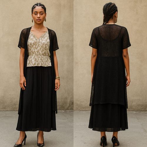 Bohemian blouse short sleeves
Long black skirt 
See through cardigan 
Olive  Green earrings 
Olive Green bracelet 
Black heels with gold design 
Corn rows 
