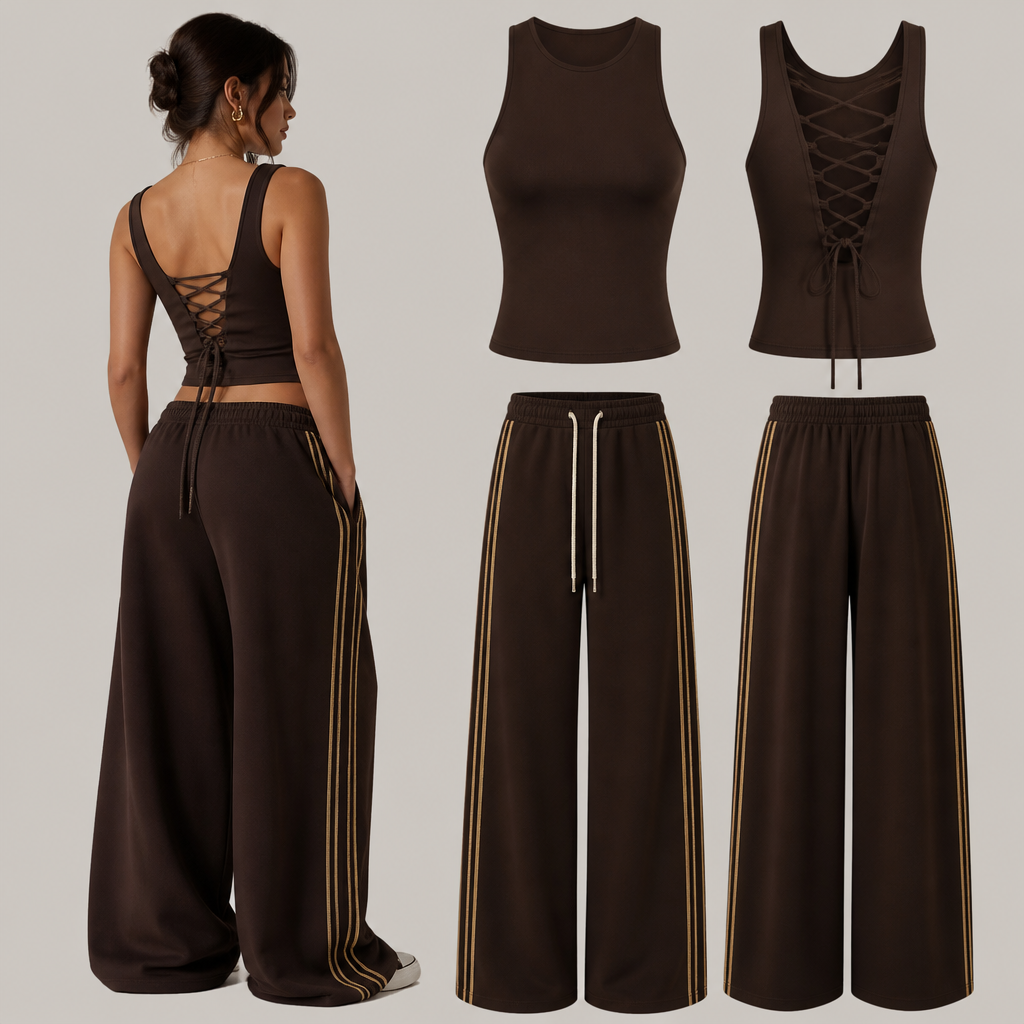 A Female Dress design, made of Cotton, for Streetwear, suitable for Summer, in Streetwear + Quiet Luxury + Dark Academia style. so I want a tank top that has rope at the back that can their it's too lose for the persons body, so like a closet that makes it snatched on you and covers the boobs very well and it's dark luxury brown. I want a sweat pant that is dark brown luxury with two gold stripes at the two sides like long two stripes gold and then a cream laces to tie it, and it's wide keg sweat pants by the way and very comfy like danceable. Canada fashion aesthetics.
photorealistic fashion design, A Female Dress design, made of Cotton, for Streetwear, suitable for Summer, in Streetwear + Quiet Luxury + Dark Academia style. so I want a tank top that has rope at the back that can their it's too lose for the persons body, so like a closet that makes it snatched on you and covers the boobs very well and it's dark luxury brown. I want a sweat pant that is dark brown luxury with two gold stripes at the two sides like long two stripes gold and then a cream laces to tie it, and it's wide keg sweat pants by the way and very comfy like danceable. Canada fashion aesthetics., streetwear style, just the design no text