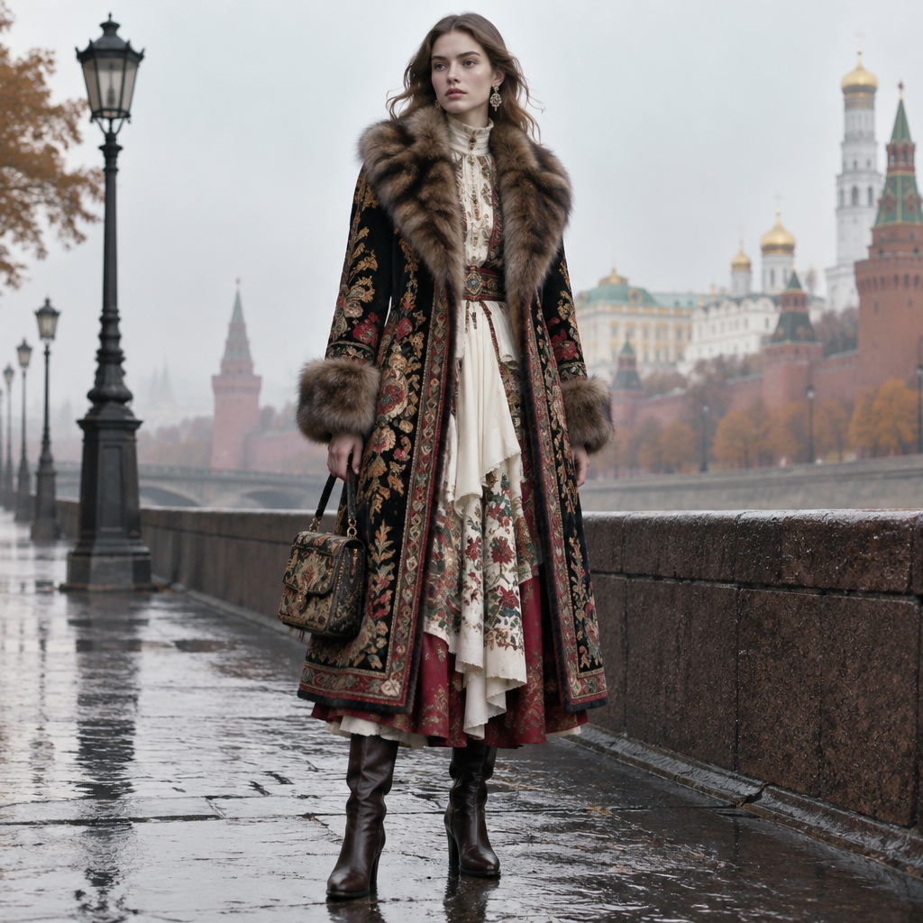 A Female fashion design. Consider Russian fashion — fur and layering traditions, bold patterns, mix of European elegance and Slavic folk motifs. Current season is Autumn in Russia. Present it as professional fashion catalogue photography: the garment is the subject, shown full-length with editorial styling, neutral posing and tasteful, non-suggestive framing.
photorealistic fashion design, A Female fashion design. Consider Russian fashion — fur and layering traditions, bold patterns, mix of European elegance and Slavic folk motifs. Current season is Autumn in Russia. Present it as professional fashion catalogue photography: the garment is the subject, shown full-length with editorial styling, neutral posing and tasteful, non-suggestive framing., just the design no text