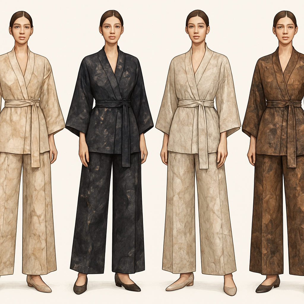 Create a modest two piece loose pant and kimono , first of its kind, featuring a unique stone design that exudes a classy and sophisticated vibe. I'd like four designs, each showcasing different styles and fabrics. Incorporate high-end, unique chic stone designs to make them truly special. Add little sophisticated stone designs. Make it irresistible!

Create a modest two piece loose pant and kimono , first of its kind, featuring a unique stone design that exudes a classy and sophisticated vibe. I'd like four designs, each showcasing different styles and fabrics. Incorporate high-end, unique chic stone designs to make them truly special. Add little sophisticated stone designs. Make it irresistible!