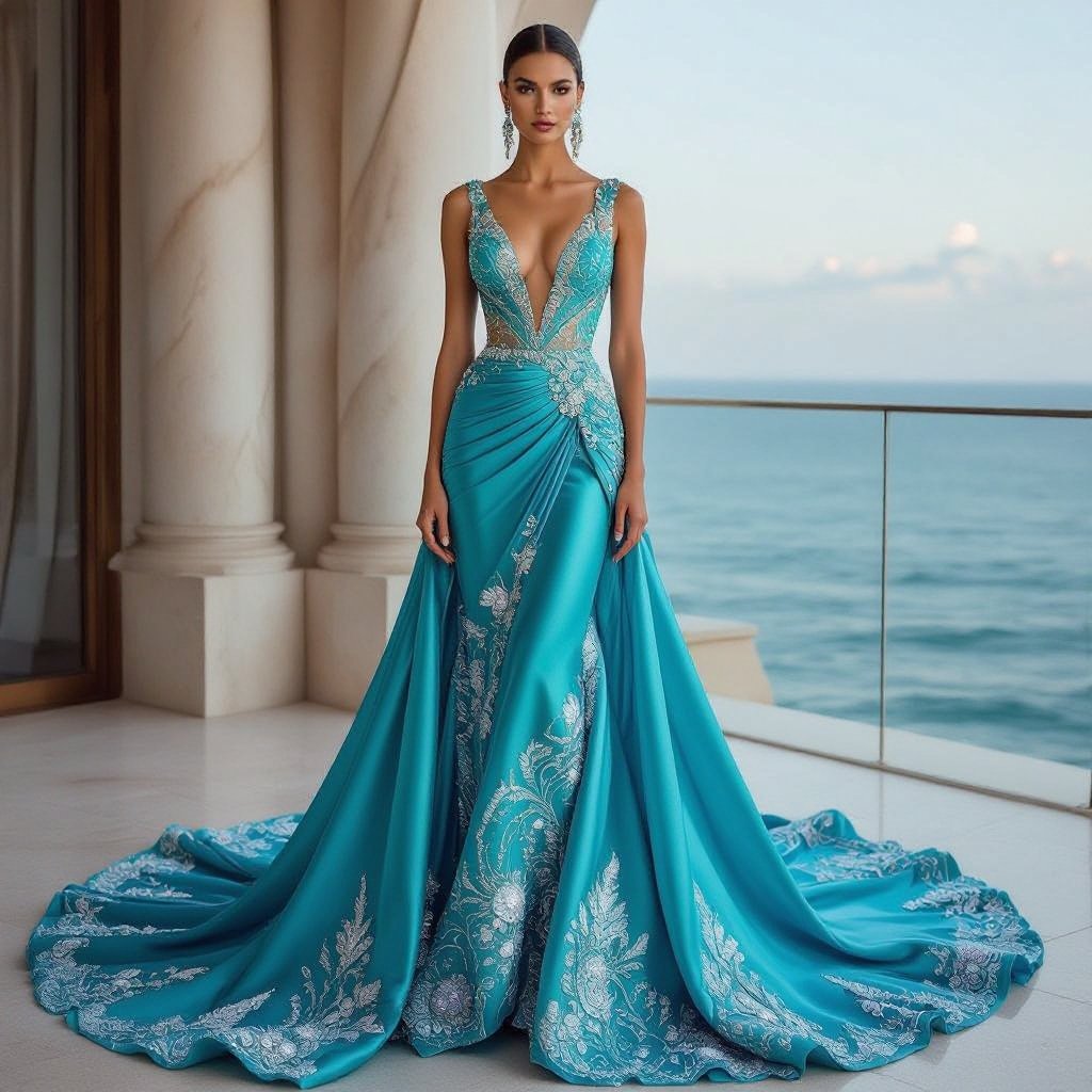 An opulent haute couture evening gown inspired by turquoise sea shells, sculpted with a structured silhouette that mimics the curves and textures of ocean shells. It is VERY SEXY. The bodice is encrusted with shimmering turquoise crystals, pearls, and iridescent stones that glisten like water under moonlight. Flowing panels of chiffon and organza cascade like waves, while layered shell-like patterns in metallic embroidery wrap the gown in intricate detail. A dramatic sweeping train ripples like the sea, with pearl-encrusted accents and gemstone highlights, creating a look that is both ethereal and powerful—like a goddess rising from the ocean.
An opulent haute couture evening gown in turquoise silk faille, sculpted with a mermaid silhouette that mimics ocean shells. The deep V-neck bodice is encrusted with turquoise crystals, pearls, and iridescent stones. Flowing panels of silk chiffon and organza cascade, while metallic embroidered shell patterns wrap the gown. A dramatic sweeping train ripples like the sea, with pearl accents and gemstone highlights.