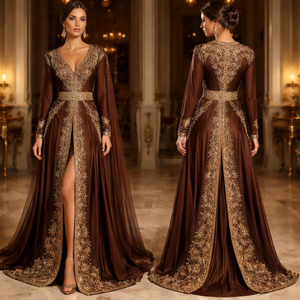 Maroccan caftan brown two pieces with golden or brons details. No cape. Verry classy and look expensive. Like the designer Romeo couture
Maroccan caftan brown two pieces with golden or brons details. No cape. Verry classy and look expensive. Like the designer Romeo couture, classic style, show front and back