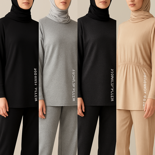 Create a revolutionary women’s modest loose gym wear brand called “Modest Fleur”. Display the brand name on the garments in a unique design on the right side, in small thick writing that exudes a classy and sophisticated vibe. I’d like four designs, each showcasing different styles and fabrics, with high-end, unique chic designs to make them truly special.