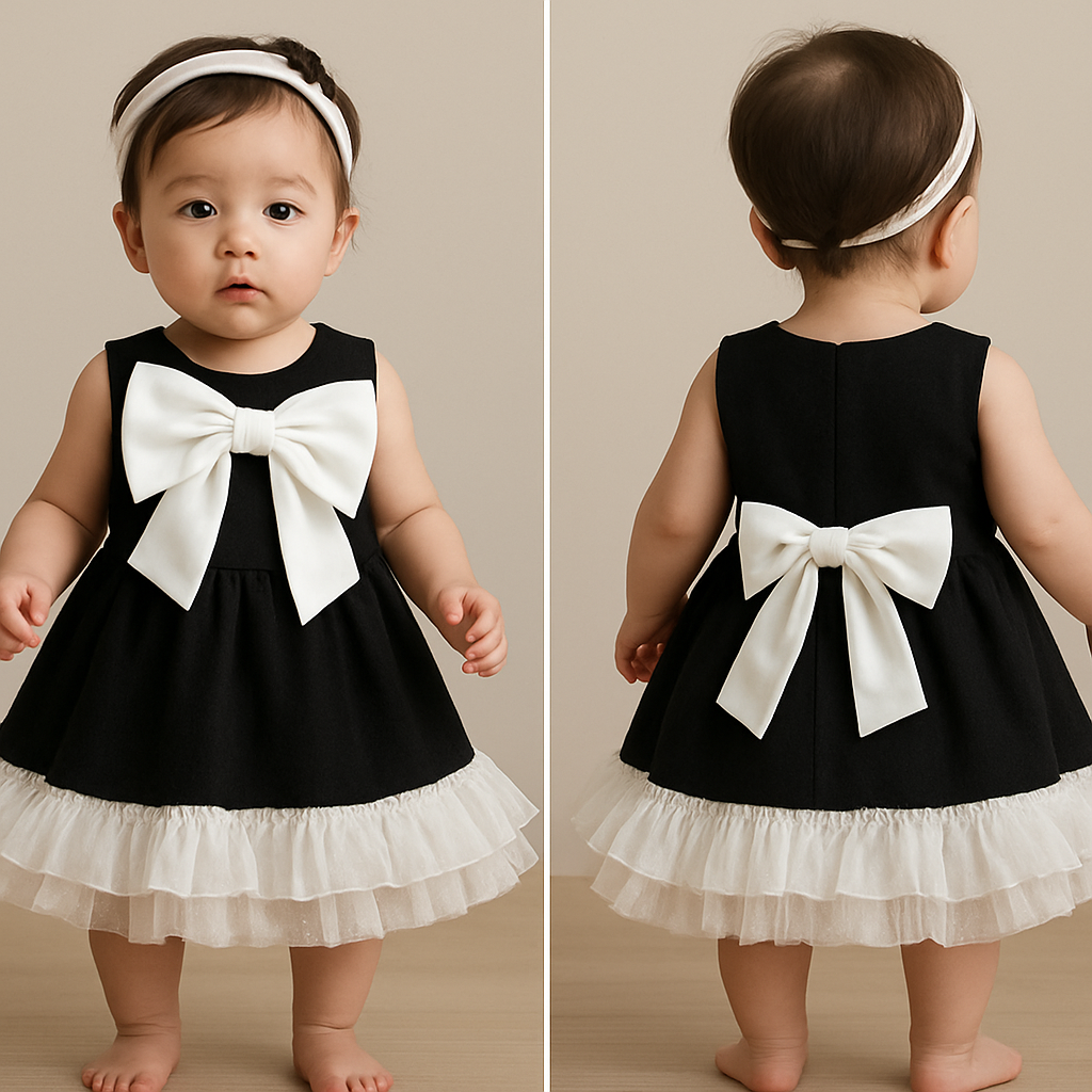 一歳の女の子着用画
ジャケット生地の黒のノンスリーブワンピース、丈は膝上
肩の部分、襟の部分が隠れるように白の大きなリボン
スカートの1番下の裾に、白色で、真ん中ギャザーで上下に広がるフリフリのチュールフリルを一周巻く(ボリューム感)
その上に同じものをもう一周巻く
頭には白のカチューシャ
カチューシャにはちょっとした黒い装飾
一歳の女の子着用画
ジャケット生地の黒のノンスリーブワンピース、丈は膝上
肩の部分、襟の部分が隠れるように白の大きなリボン
スカートの1番下の裾に、白色で、真ん中ギャザーで上下に広がるフリフリのチュールフリルを一周巻く(ボリューム感)
その上に同じものをもう一周巻く
頭には白のカチューシャ
カチューシャにはちょっとした黒い装飾, show front and back
