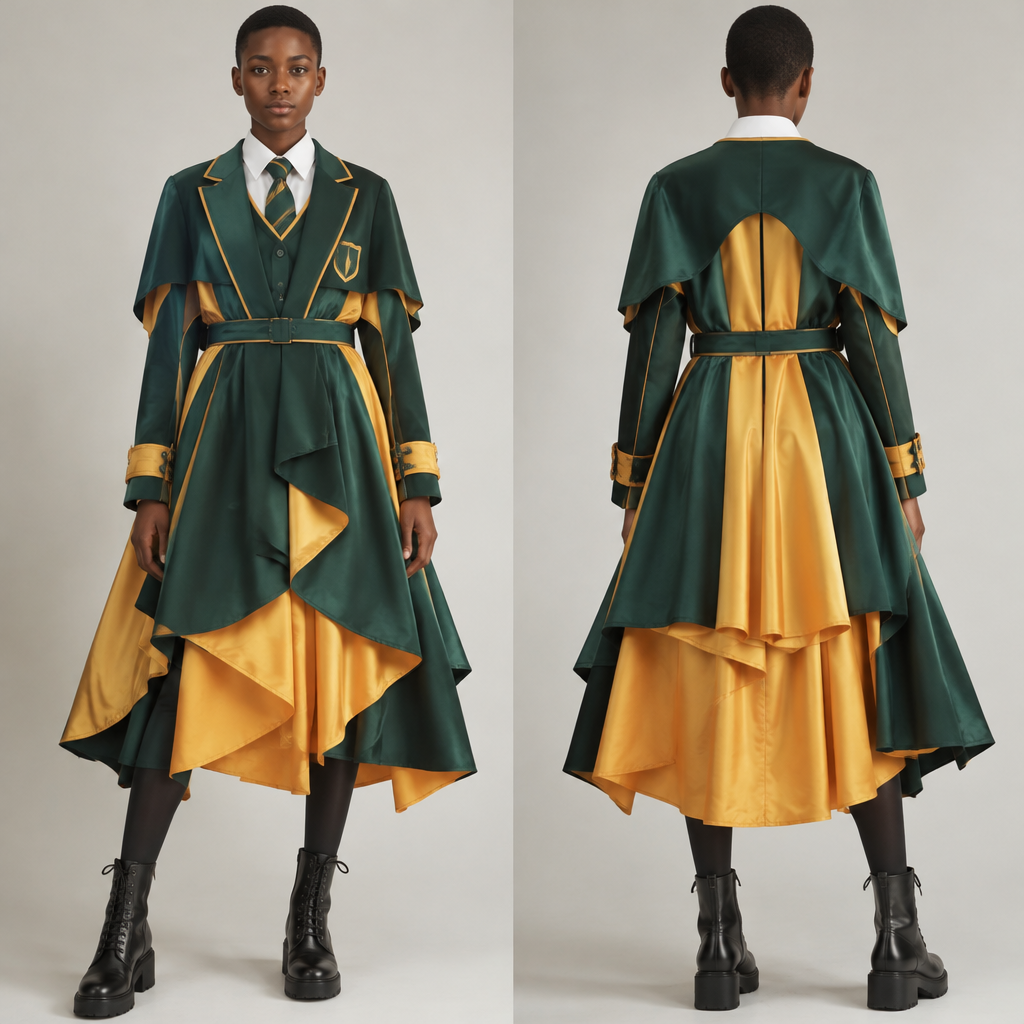 A Unisex Dress design, made of Silk, styled in layers, in a Bold & Bright color palette, for Formal, suitable for Winter, suited to a Cold climate, in School Uniform style. South Africa fashion aesthetics. Present it as professional fashion catalogue photography: the garment is the subject, shown full-length with editorial styling, neutral posing and tasteful, non-suggestive framing.
photorealistic fashion design, A Unisex Dress design, made of Silk, styled in layers, in a Bold & Bright color palette, for Formal, suitable for Winter, suited to a Cold climate, in School Uniform style. South Africa fashion aesthetics. Present it as professional fashion catalogue photography: the garment is the subject, shown full-length with editorial styling, neutral posing and tasteful, non-suggestive framing., school_uniform style, just the design no text, show front and back