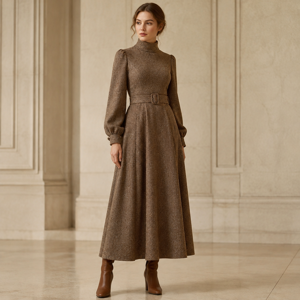 A Dress design, with a soft, cosy hand, with modest, full coverage: longer hemlines, higher necklines and covered shoulders, suitable for Fall, in Classic + Elegant style Present it as professional fashion catalogue photography: the garment is the subject, shown full-length with editorial styling, neutral posing and tasteful, non-suggestive framing.
photorealistic fashion design, A Dress design, with a soft, cosy hand, with modest, full coverage: longer hemlines, higher necklines and covered shoulders, suitable for Fall, in Classic + Elegant style Present it as professional fashion catalogue photography: the garment is the subject, shown full-length with editorial styling, neutral posing and tasteful, non-suggestive framing., classic style, just the design no text