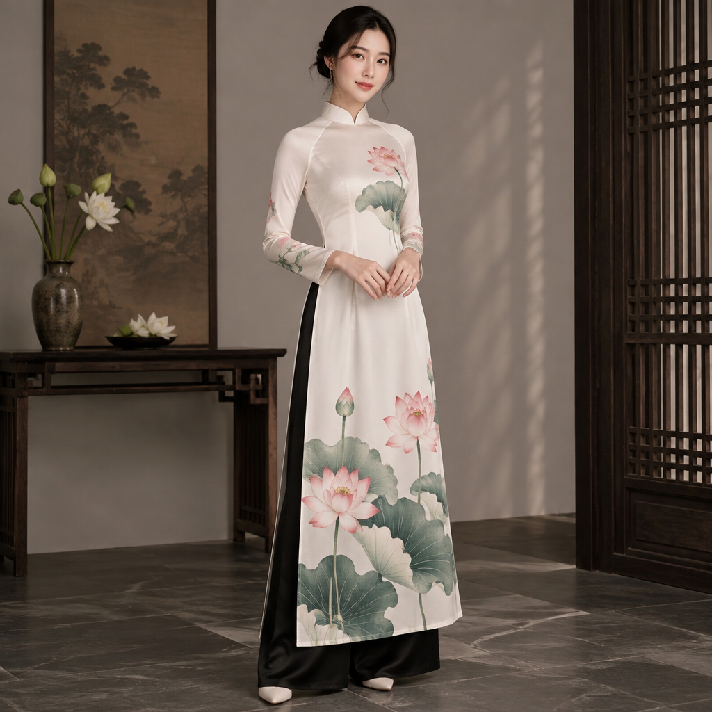 A Female Dress design, suitable for Summer, in Classic style. Ao Dai with lotus flower pattern and black trousers. Vietnam fashion aesthetics. Present it as professional fashion catalogue photography: the garment is the subject, shown full-length with editorial styling, neutral posing and tasteful, non-suggestive framing.
photorealistic fashion design, A Female Dress design, suitable for Summer, in Classic style. Ao Dai with lotus flower pattern and black trousers. Vietnam fashion aesthetics. Present it as professional fashion catalogue photography: the garment is the subject, shown full-length with editorial styling, neutral posing and tasteful, non-suggestive framing., classic style, just the design no text