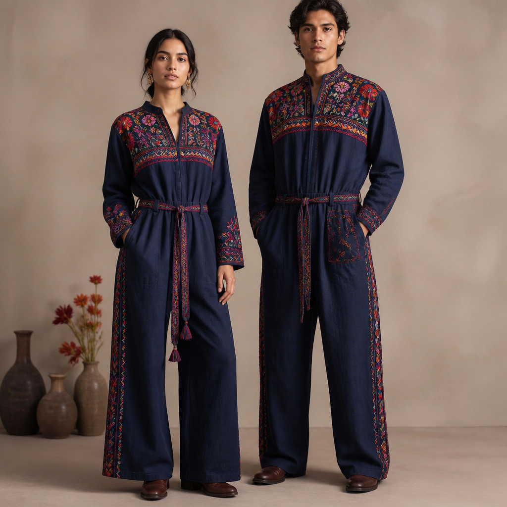 A Unisex Jumpsuit design, suitable for Fall. Consider Mexican fashion — huipil and rebozo traditions, vibrant embroidery, Oaxacan textiles, colorful folk art influence. Current season is Autumn in Mexico. Present it as professional fashion catalogue photography: the garment is the subject, shown full-length with editorial styling, neutral posing and tasteful, non-suggestive framing.
photorealistic fashion design, A Unisex Jumpsuit design, suitable for Fall. Consider Mexican fashion — huipil and rebozo traditions, vibrant embroidery, Oaxacan textiles, colorful folk art influence. Current season is Autumn in Mexico. Present it as professional fashion catalogue photography: the garment is the subject, shown full-length with editorial styling, neutral posing and tasteful, non-suggestive framing., just the design no text