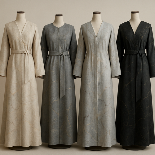 Create a modest two-piece linen abaya, the first of its kind, featuring a unique stone design that exudes a classy and sophisticated vibe. I’d like four designs, each showcasing different styles and fabrics. Incorporate high-end, unique chic stone designs to make them truly special. Add little sophisticated stone designs.