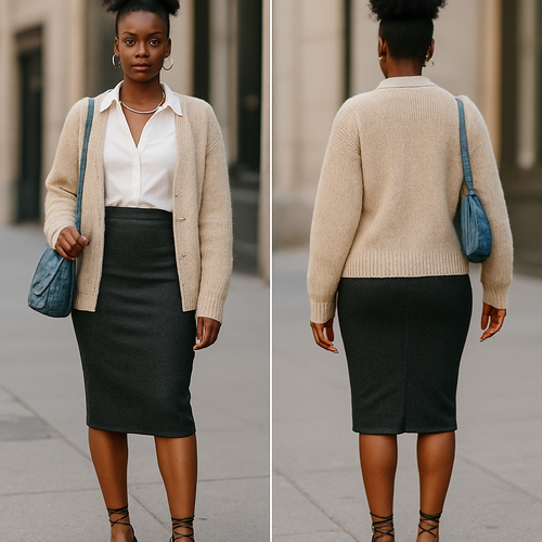 Black woman 
White blouse
A cardigan
Pencil skirt 
Silver jewelry thing high
String heels 
Blue jean purse 
