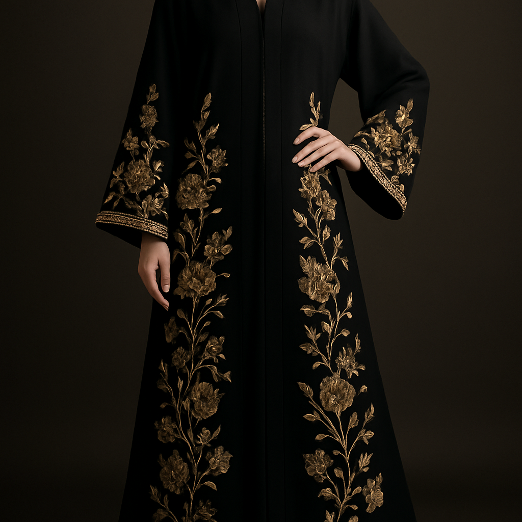 The Golden Noir Couture Abaya
Tone: Black with muted gold
Design:
Couture gold-thread floral embroidery climbing up the sides of the abaya.
Embellishment:
Rich champagne stones highlighting the flowers and outlining the sleeves.
Vibe:
High-end, sophisticated, luxury statement.
The Golden Noir Couture Abaya
Tone: Black with muted gold
Design:
Couture gold-thread floral embroidery climbing up the sides of the abaya.
Embellishment:
Rich champagne stones highlighting the flowers and outlining the sleeves.
Vibe:
High-end, sophisticated, luxury statement.