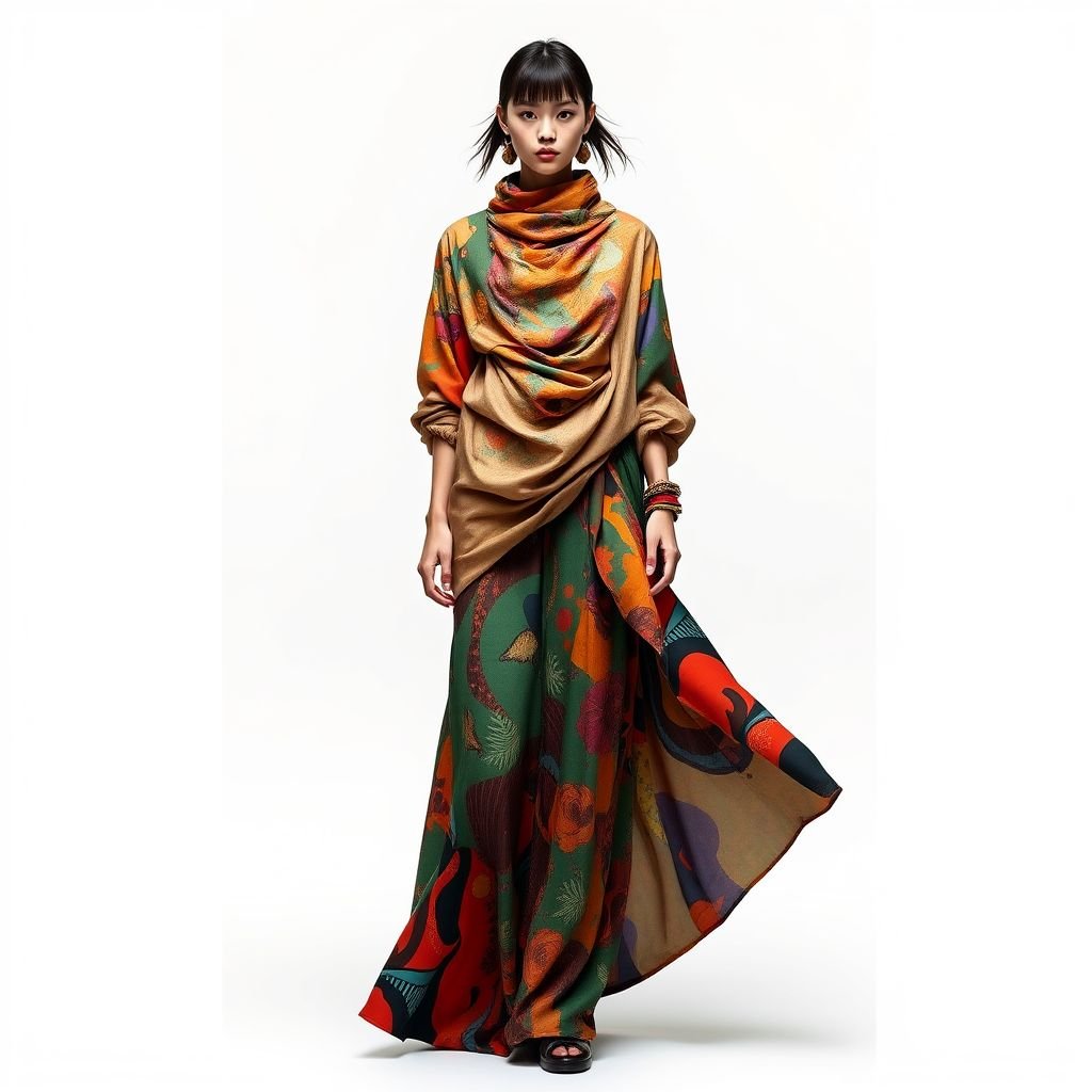 Outer ,dress, long pants ,blouse ,long skirt, medium skirt ,top
Envision an artsy ensemble featuring a flowing long dress layered over vibrant, patterned long pants. Pair it with an oversized, draped blouse adorned with abstract prints, and a medium-length skirt that cascades asymmetrically. Incorporate splashes of bold colors and sculptural accessories, celebrating creativity and individuality in every piece.