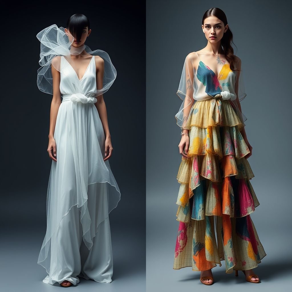 Outer ,dress, long pants ,blouse ,long skirt, top
Design an avant-garde ensemble that merges fluidity and structure: an ethereal long dress layered over whimsical, wide-legged pants, adorned with abstract art prints. Pair a sheer, artsy blouse featuring bold brush strokes with a flowing, tiered skirt. Incorporate vibrant colors and intricate textures, evoking a fusion of contemporary art with fashion.