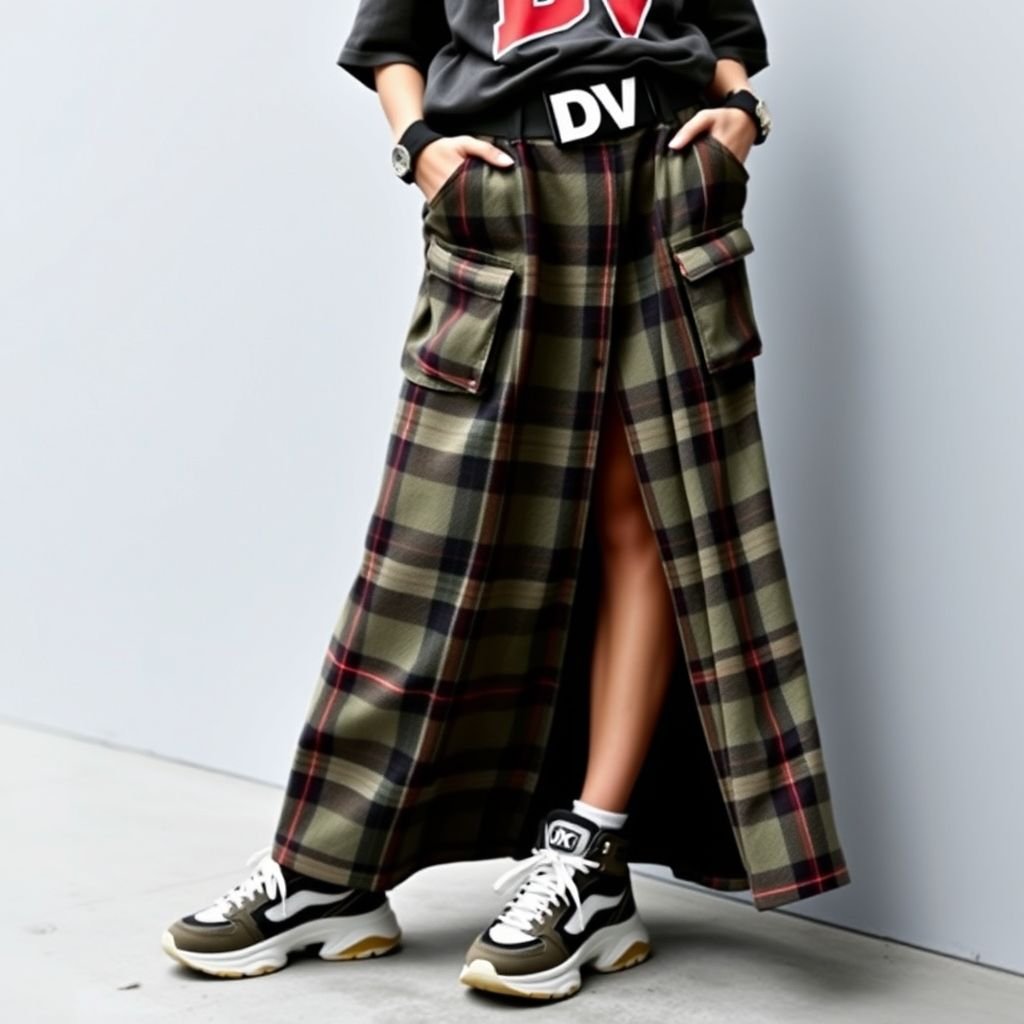Plaid maxi skirt with pockets, that say “DV” on belt
Design a bold streetwear-inspired plaid maxi skirt featuring oversized pockets and a striking "DV" logo boldly emblazoned on its belt. Incorporate a relaxed fit and layered textures for an edgy vibe. Pair it with chunky sneakers and a graphic oversized tee for a contemporary urban look that exudes confidence and individuality.