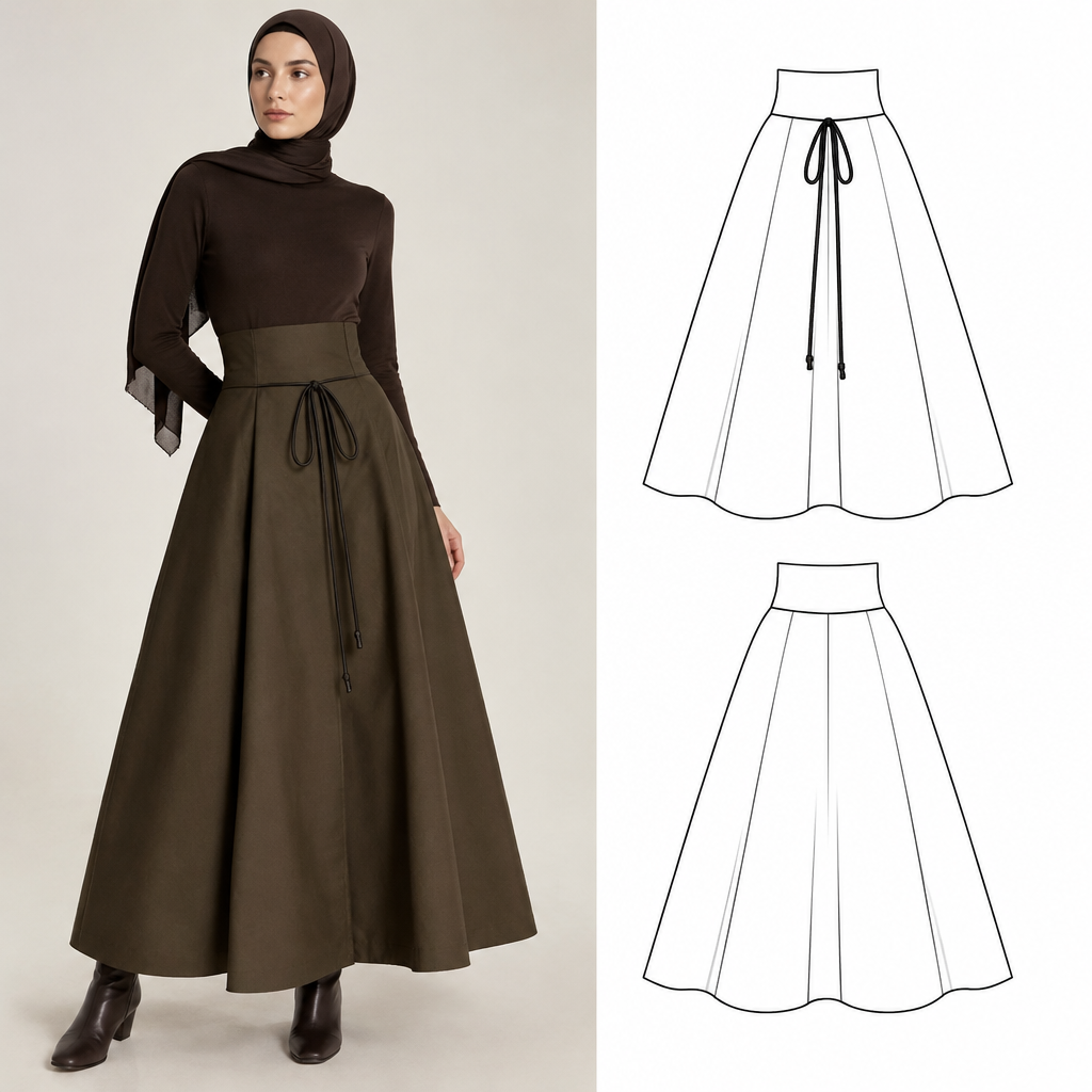 A Female Dress design, suitable for Fall. Bu tasarımın teknik çizimlerini tekrar yap siyah çizgiler kullanarak yap yazı olmasın teknik çizimi sağ üstteki benim çizimlerimden ilham alarak yap Sadece eteğin teknik çizimini yapBel kısmı korse ayarını düz olsun benim teknik çizimimdeki gibi eteğin üstünde siyah ipler dışındaki çizgiler olmasın. Turkey fashion aesthetics. Present it as professional fashion catalogue photography: the garment is the subject, shown full-length with editorial styling, neutral posing and tasteful, non-suggestive framing.
photorealistic fashion design, A Female Dress design, suitable for Fall. Bu tasarımın teknik çizimlerini tekrar yap siyah çizgiler kullanarak yap yazı olmasın teknik çizimi sağ üstteki benim çizimlerimden ilham alarak yap Sadece eteğin teknik çizimini yapBel kısmı korse ayarını düz olsun benim teknik çizimimdeki gibi eteğin üstünde siyah ipler dışındaki çizgiler olmasın. Turkey fashion aesthetics. Present it as professional fashion catalogue photography: the garment is the subject, shown full-length with editorial styling, neutral posing and tasteful, non-suggestive framing., just the design no text