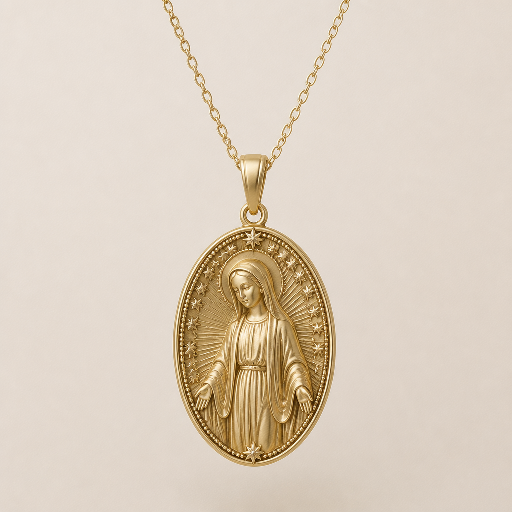 pendant necklace Virgin Mary. HR fashion aesthetics. Design with modest coverage.
photorealistic fashion design, pendant necklace Virgin Mary. HR fashion aesthetics. Design with modest coverage., just the design no text