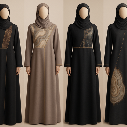 Create a modest two piece abaya, first of its kind, featuring a unique stone design that exudes a classy and sophisticated vibe. I'd like four designs, each showcasing different styles and fabrics. Incorporate high-end, unique chic stone designs to make them truly special. Add little sophisticated stone designs. Make it irresistible!