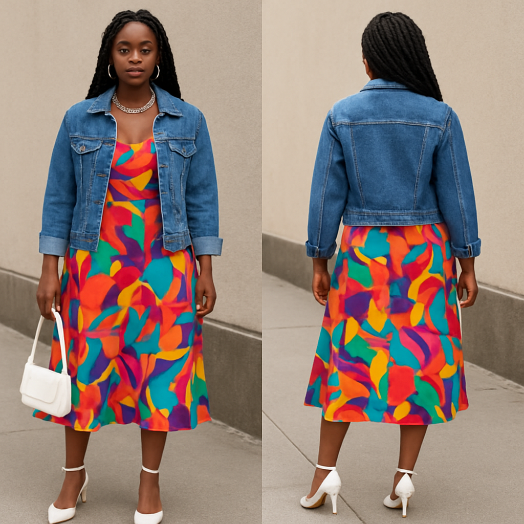 Black woman
Braids
Gold jewelry
Colorful sun dress
Jean jacket white heels
White purse
Black woman
Braids
Gold jewelry
Colorful sun dress
Jean jacket white heels
White purse
, streetwear style, show front and back