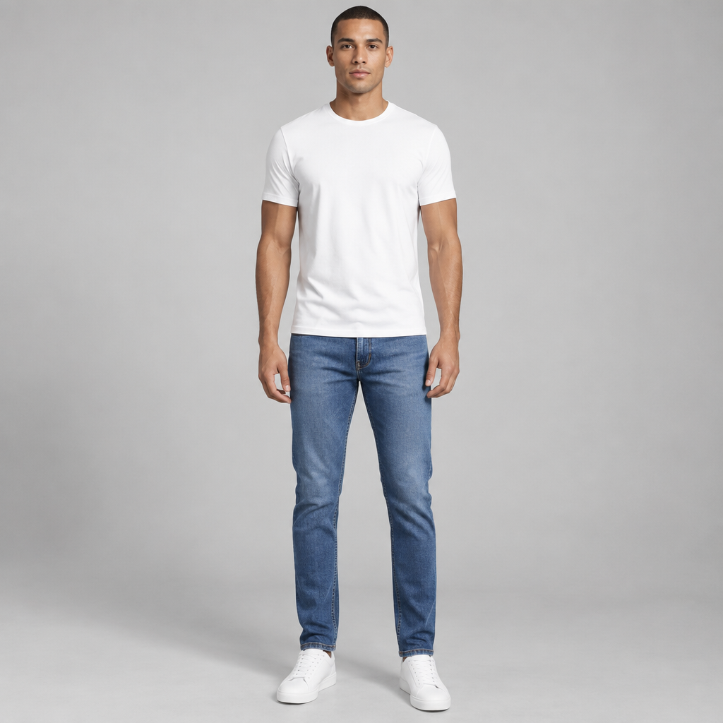 Create a full-body image of a light-skinned adult male fashion model, approximately 6’1” tall, with a lean, well-proportioned athletic build. He has short, neatly trimmed low-cut black hair and natural dark-brown eyes. He is standing upright in a relaxed, natural pose, facing the camera straight-on at eye level, with a calm, confident, neutral facial expression.
His arms are relaxed and positioned naturally by his sides to ensure clean visibility of the torso and clothing for easy clothing swaps. He is wearing simple, neutral-fitting base clothing that does not distract from the garments being visualized.
The background is a clean, minimal light-gray professional studio backdrop, with soft, even studio lighting that produces natural skin tones, subtle realistic shadows, and clear definition without harsh highlights.
The image should have a clean, realistic aesthetic with studio-quality clarity. Cinematic, photorealistic, high-resolution, and rendered in 4K, with realistic skin texture, accurate body proportions, natural hair detail, sharp focus, and professional fashion-editorial quality. Ideal for digital styling, clothing swaps, product visualization, e-commerce fashion displays, and editorial use.
photorealistic fashion design, Create a full-body image of a light-skinned adult male fashion model, approximately 6’1” tall, with a lean, well-proportioned athletic build. He has short, neatly trimmed low-cut black hair and natural dark-brown eyes. He is standing upright in a relaxed, natural pose, facing the camera straight-on at eye level, with a calm, confident, neutral facial expression.
His arms are relaxed and positioned naturally by his sides to ensure clean visibility of the torso and clothing for easy clothing swaps. He is wearing simple, neutral-fitting base clothing that does not distract from the garments being visualized.
The background is a clean, minimal light-gray professional studio backdrop, with soft, even studio lighting that produces natural skin tones, subtle realistic shadows, and clear definition without harsh highlights.
The image should have a clean, realistic aesthetic with studio-quality clarity. Cinematic, photorealistic, high-resolution, and rendered in 4K, with realistic skin texture, accurate body proportions, natural hair detail, sharp focus, and professional fashion-editorial quality. Ideal for digital styling, clothing swaps, product visualization, e-commerce fashion displays, and editorial use., just the design no text