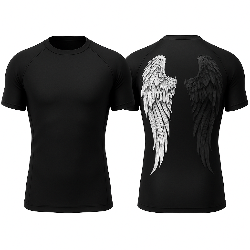 Black base compression fit short sleeve rash guard with angel wings in the back 

Make one wing white and the other black but lighter shade of black compared to the base color 

Make the black wing a little more of a lighter shade 

Still little more lighter 

Black base compression fit short sleeve rash guard with angel wings in the back 

Make one wing white and the other black but lighter shade of black compared to the base color 

Make the black wing a little more of a lighter shade 

Still little more lighter , gothic style, show front and back