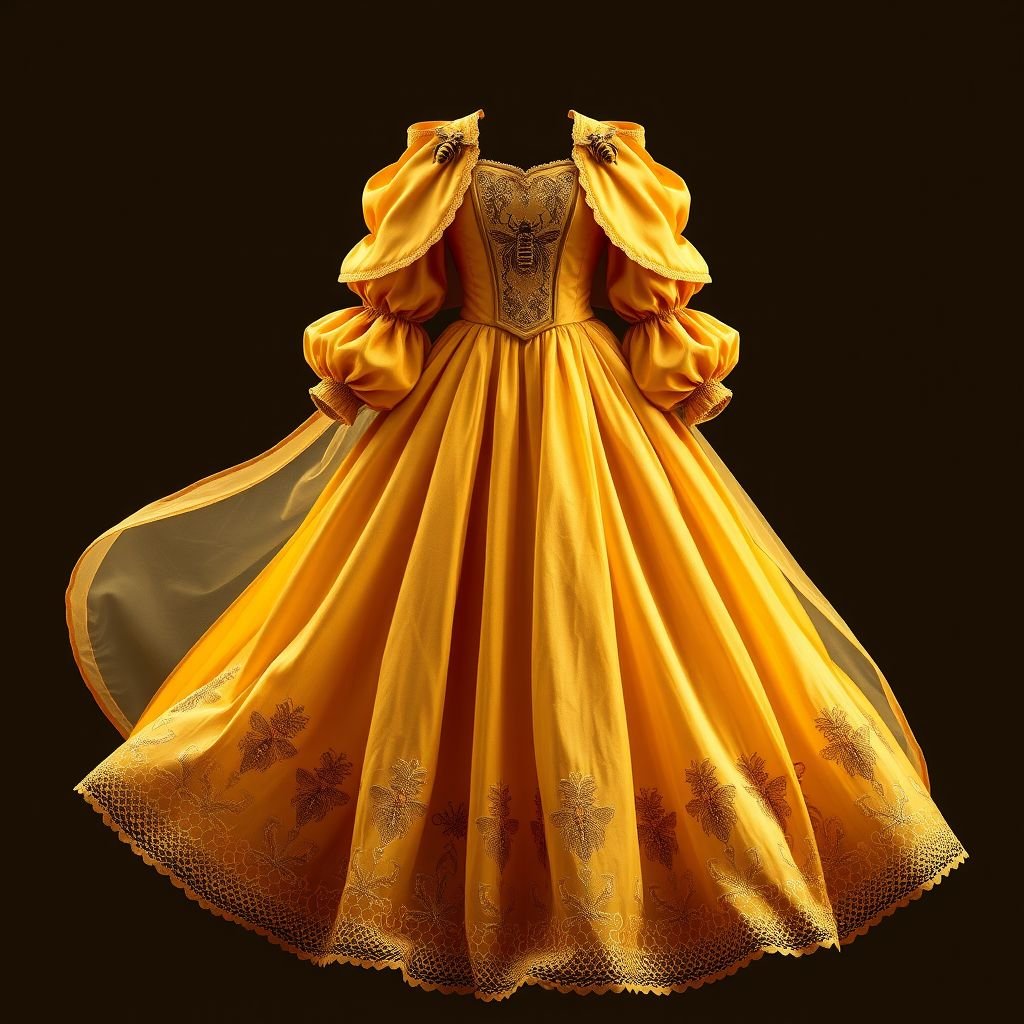 A honey bee & honey comb themed spring day dress.
Design a whimsical medieval spring day dress inspired by honey bees and honeycombs. Envision a flowing gown with rich gold and amber hues, intricate honeycomb patterns embroidered along the hem, and puffed sleeves. Adorn the bodice with delicate bee motifs and a flowing cape reminiscent of bee wings, capturing the essence of nature's elegance.