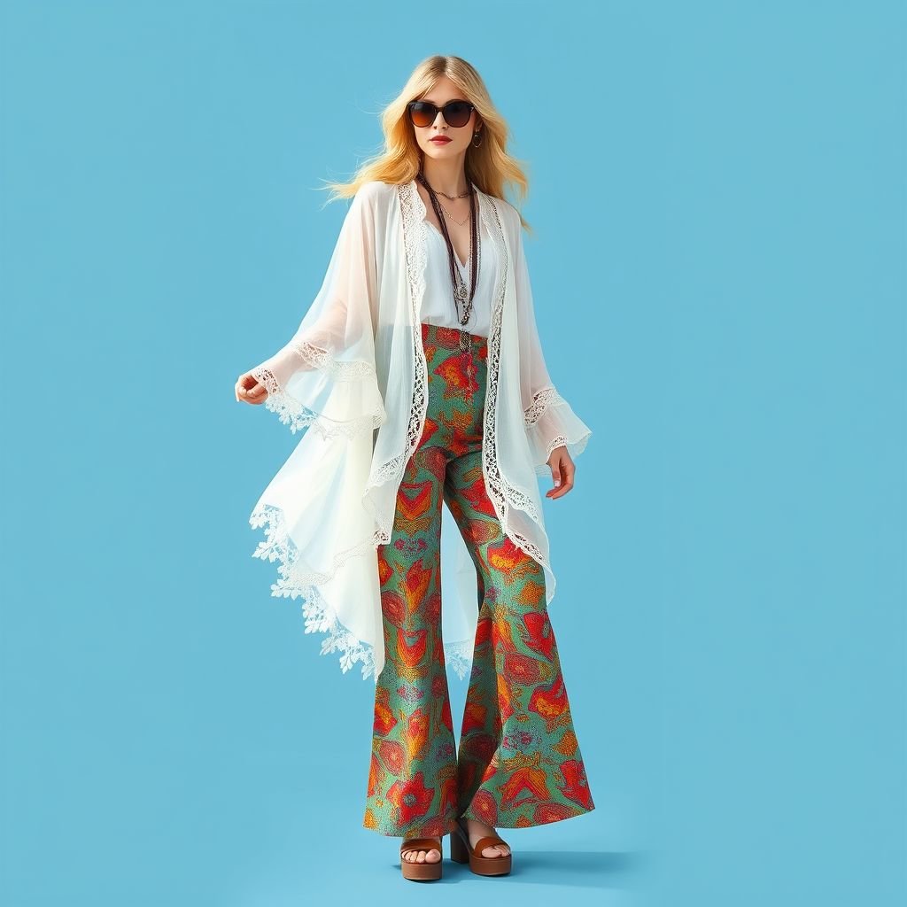 A translucent ethnic style white long shrug dress with
A translucent ethnic style white long shrug dress, flowing gracefully with billowy sleeves and intricate lace trims reminiscent of the 70s bohemian vibe. Pair it with vibrant, patterned flared trousers for an authentic retro flair. Accessories with oversized sunglasses and chunky platform sandals to evoke a nostalgic yet contemporary aesthetic.