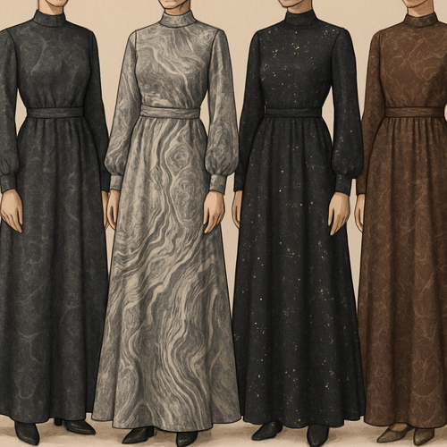 Create a modest dresses, first of its kind, featuring a unique stone design that exudes a classy and sophisticated vibe. I'd like four designs, each showcasing different styles and fabrics. Incorporate high-end, unique chic stone designs to make them truly special. Add little sophisticated stone designs. Make it irresistible for customers 