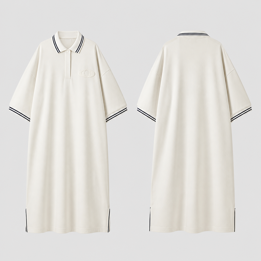 Une robe oversize avec un logo « Overline » en broderie/relief.
photorealistic fashion design, Une robe oversize avec un logo « Overline » en broderie/relief. , tenniscore style, just the design no text, show front and back