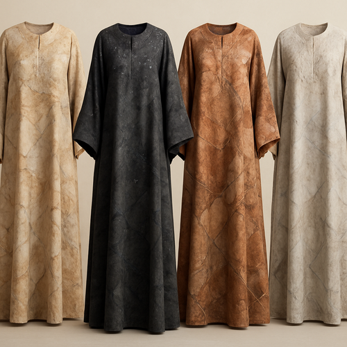 Create a modest boubou, the first of its kind, featuring a unique stone design that exudes a classy and sophisticated vibe. I'd like four designs, each showcasing different styles and fabrics. Incorporate high-end, unique chic stone designs to make them truly special. Add little sophisticated stone designs.
