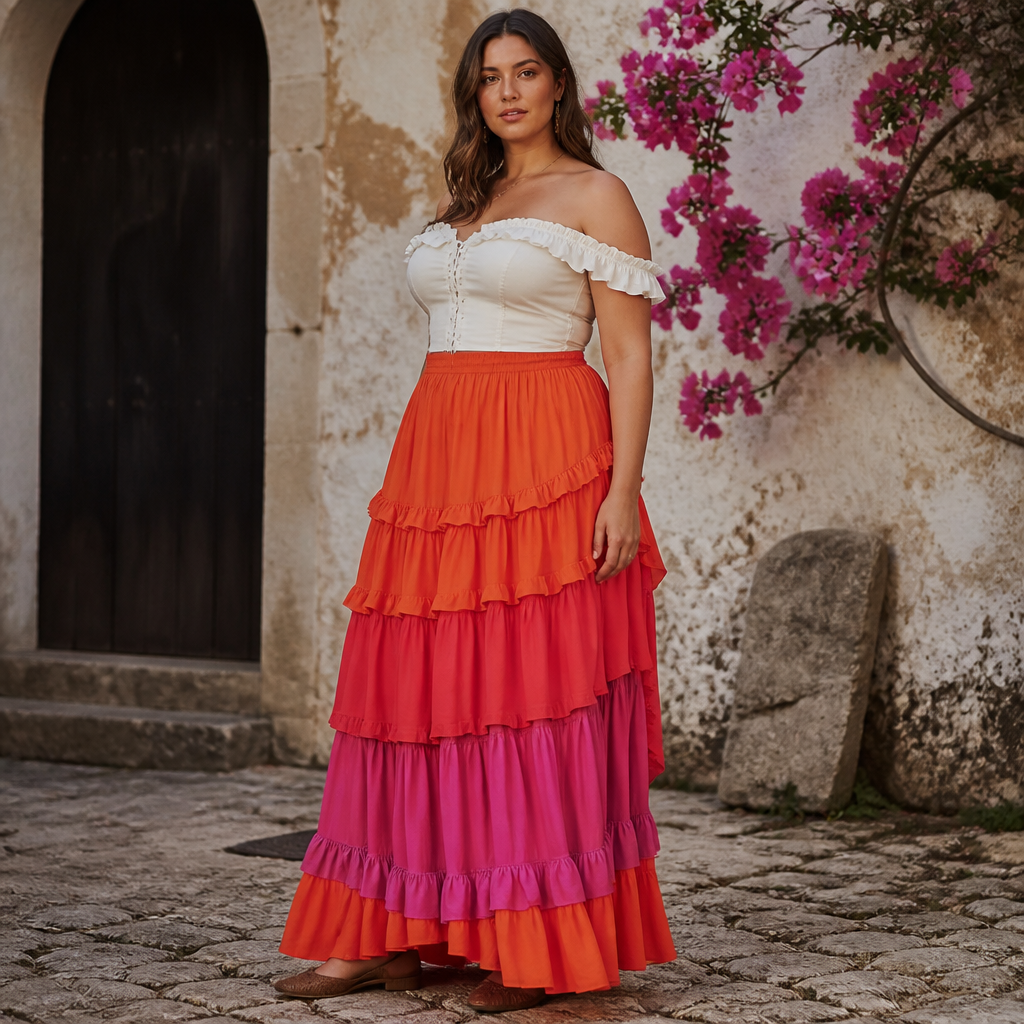 A Skirt design, made of Cotton, with a soft, cosy hand, with an Oversized silhouette, styled in layers, in a Bold & Bright color palette, for Date Night, suitable for Spring, in Cottagecore style, shown on a model with a curvy figure. Spain fashion aesthetics. Present it as professional fashion catalogue photography: the garment is the subject, shown full-length with editorial styling, neutral posing and tasteful, non-suggestive framing.
photorealistic fashion design, A Skirt design, made of Cotton, with a soft, cosy hand, with an Oversized silhouette, styled in layers, in a Bold & Bright color palette, for Date Night, suitable for Spring, in Cottagecore style, shown on a model with a curvy figure. Spain fashion aesthetics. Present it as professional fashion catalogue photography: the garment is the subject, shown full-length with editorial styling, neutral posing and tasteful, non-suggestive framing., cottagecore style, just the design no text
