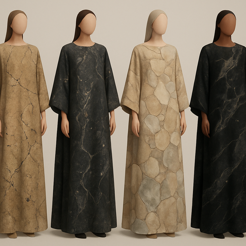 Create a modest boubou, the first of its kind, featuring a unique stone design that exudes a classy and sophisticated vibe. I'd like four designs, each showcasing different styles and fabrics. Incorporate high-end, unique chic stone designs to make them truly special. Add little sophisticated stone designs.