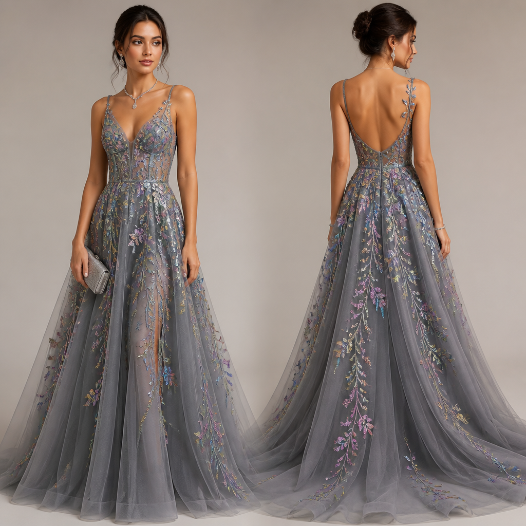 Gray prom dress with accessories
photorealistic fashion design, Gray prom dress with accessories, colorful style, just the design no text, show front and back