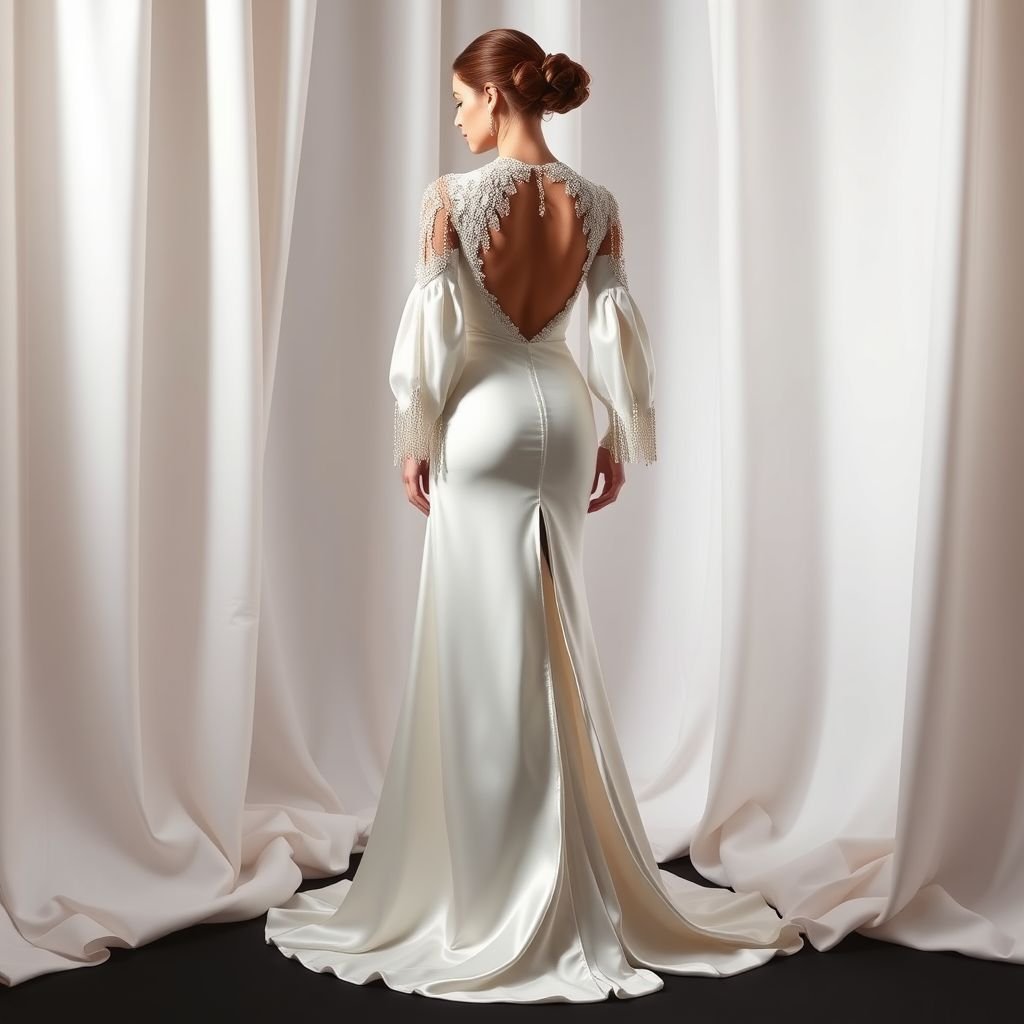 Design an elegant gala dinner gown,white is the theme,it must have beeding and tussels on the sleeves,flure on the wrist,tight and long with a slit at the back.
Design an elegant gala dinner gown embodying timeless sophistication. The gown features a pristine white silk fabric that drapes gracefully to the floor. Intricate beading cascades down the fitted bodice, while shimmering tassels adorn the flowing sleeves, ending in delicate flares at the wrists. A daring back slit adds dramatic allure.