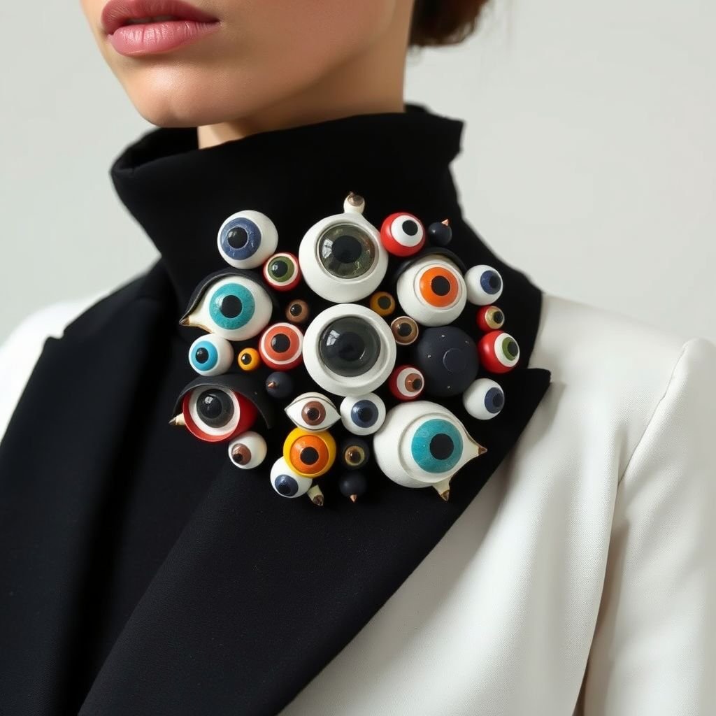 Minimal Papier-mâché brooch with full of eyes
Craft a whimsical, avant-garde fashion statement with a minimalist papier-mâché brooch, embodying an array of surreal, oversized eyes scattered playfully across its surface. Each eye varies in color and expression, symbolizing awareness and imagination. Pair this striking accessory with a sleek, monochrome outfit, allowing the brooch to become the focal point.
