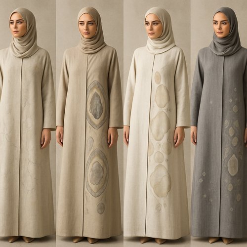 Create a modest two-piece linen abaya, the first of its kind, featuring a unique stone design that exudes a classy and sophisticated vibe. I’d like four designs, each showcasing different styles and fabrics. Incorporate high-end, unique chic stone designs to make them truly special. Add little sophisticated stone designs.