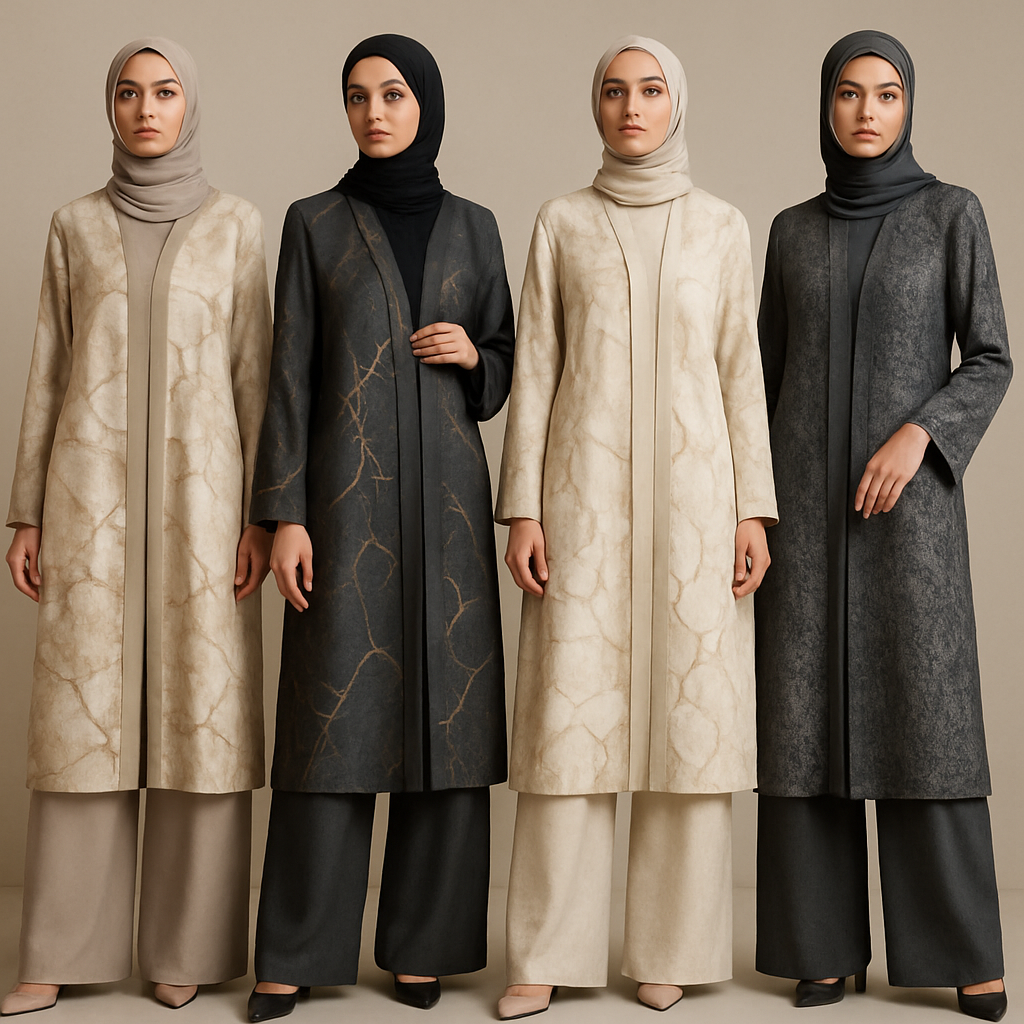 Create a modest abaya and loose pant, first of its kind, featuring a unique stone design that exudes a classy and sophisticated vibe. I'd like four designs, each showcasing different styles and fabrics. Incorporate high-end, unique chic stone designs to make them truly special. Add little sophisticated stone designs. Make it irresistible with designs that stands out.

Create a modest abaya and loose pant, first of its kind, featuring a unique stone design that exudes a classy and sophisticated vibe. I'd like four designs, each showcasing different styles and fabrics. Incorporate high-end, unique chic stone designs to make them truly special. Add little sophisticated stone designs. Make it irresistible with designs that stands out.