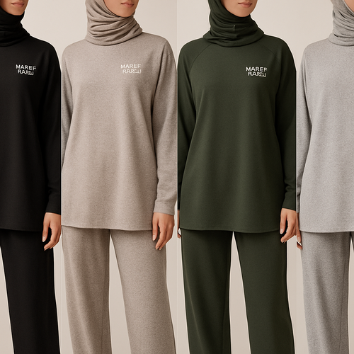 Create a revolutionary women's modest loose gym wear brand called "Modest Fleur". Display the brand name on the in a unique design on the upper right side, in small thick writing that exudes a classy and sophisticated vibe. I'd like four designs, each showcasing different styles and fabrics, with high-end, chic designs to make them truly special. Making it first design in the world 