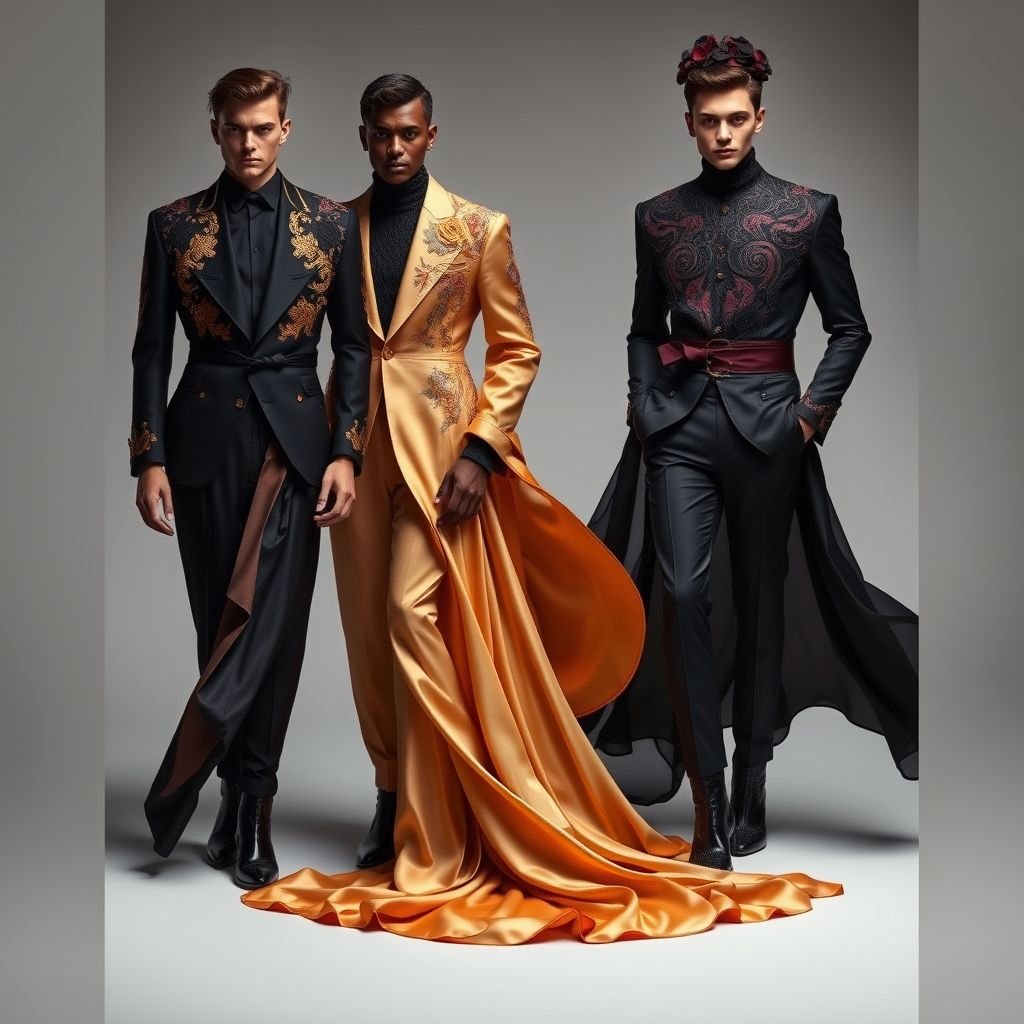Beautiful men in silk
Design a stunning haute couture collection featuring beautiful men draped in flowing silk garments that redefine elegance. Incorporate intricate hand-embroidered details, layering techniques, and avant-garde silhouettes. Play with deep jewel tones and cascading fabric, evoking movement and fluidity. Accessorize with statement footwear and elaborate headpieces for a striking, sophisticated look.