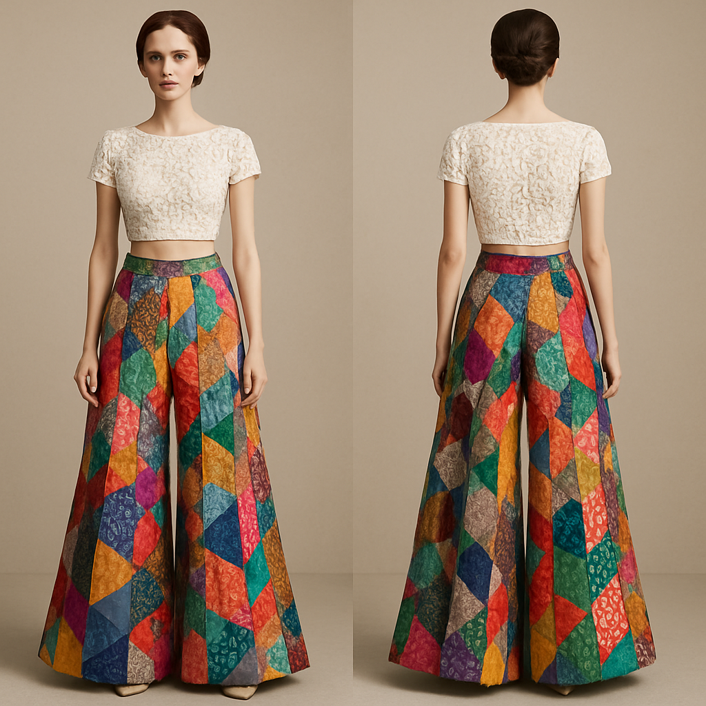 I want to Create one of kind colorful palazzo pant made from scrap fabric with a white lace crop top design for high end fashionista that will make it look sophisticated and gorgeous on a mannequin with a face
I want to Create one of kind colorful palazzo pant made from scrap fabric with a white lace crop top design for high end fashionista that will make it look sophisticated and gorgeous on a mannequin with a face , classic style, show front and back