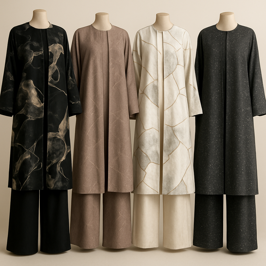 Create a modest abaya and loose pant, first of its kind, featuring a unique stone design that exudes a classy and sophisticated vibe. I'd like four designs, each showcasing different styles and fabrics. Incorporate high-end, unique chic stone designs to make them truly special. Add little sophisticated stone designs. Make it irresistible with designs that stands out.

Create a modest abaya and loose pant, first of its kind, featuring a unique stone design that exudes a classy and sophisticated vibe. I'd like four designs, each showcasing different styles and fabrics. Incorporate high-end, unique chic stone designs to make them truly special. Add little sophisticated stone designs. Make it irresistible with designs that stands out.
