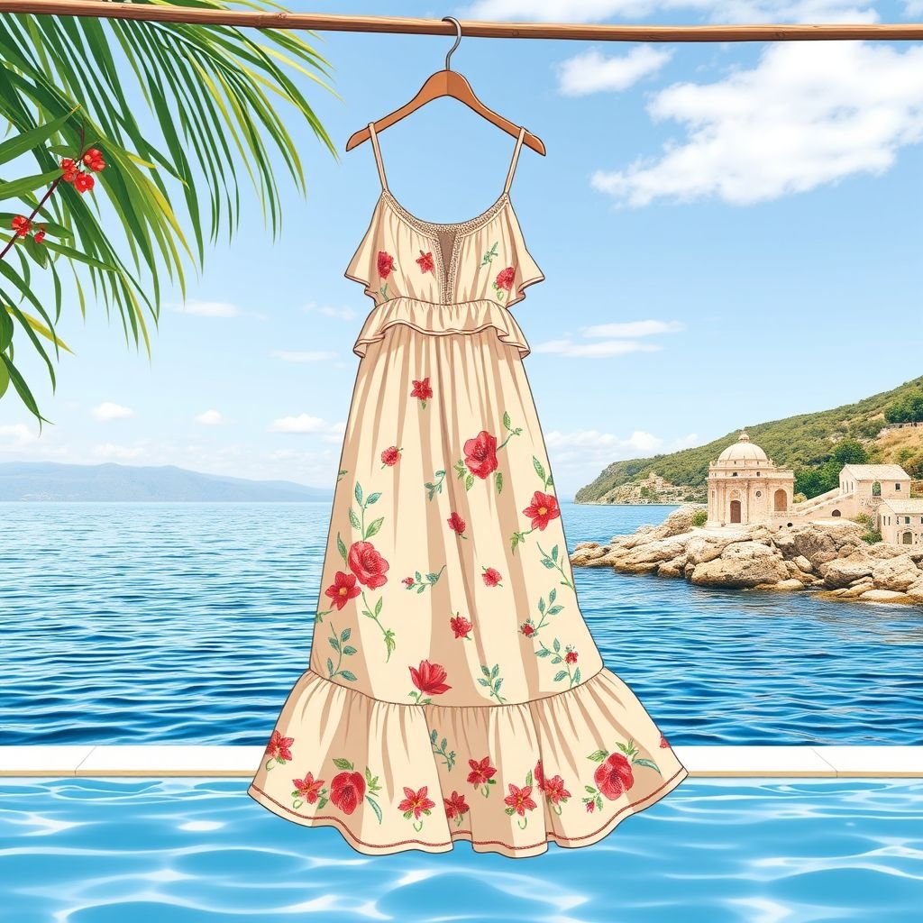Summer dress simple for resort wear
Design a chic Italian resort wear summer dress, embodying la dolce vita. Envision lightweight, flowing linen with delicate ruffles, inspired by coastal vibes. Incorporate vibrant Mediterranean colors like terracotta and azure. Accentuate with hand-embroidered florals and elegant spaghetti straps, ensuring the silhouette flatters every figure, evoking timeless Italian elegance.