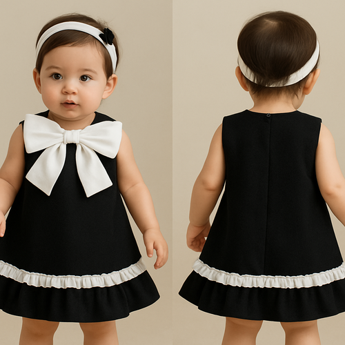 一歳の女の子着用画
ジャケット生地の黒のノンスリーブワンピース、丈は膝上
肩の部分、襟の部分が隠れるように白の大きなリボン
スカートの裾に、白でリボンと同じ素材で、真ん中にギャザーのあるフリルを2周
段々にはしない

頭には白のカチューシャ
カチューシャにはちょっとした黒い装飾