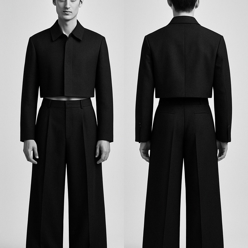 Black and white monochrome crop jacket and pallazo pants for a man
Black and white monochrome crop jacket and pallazo pants for a man , show front and back