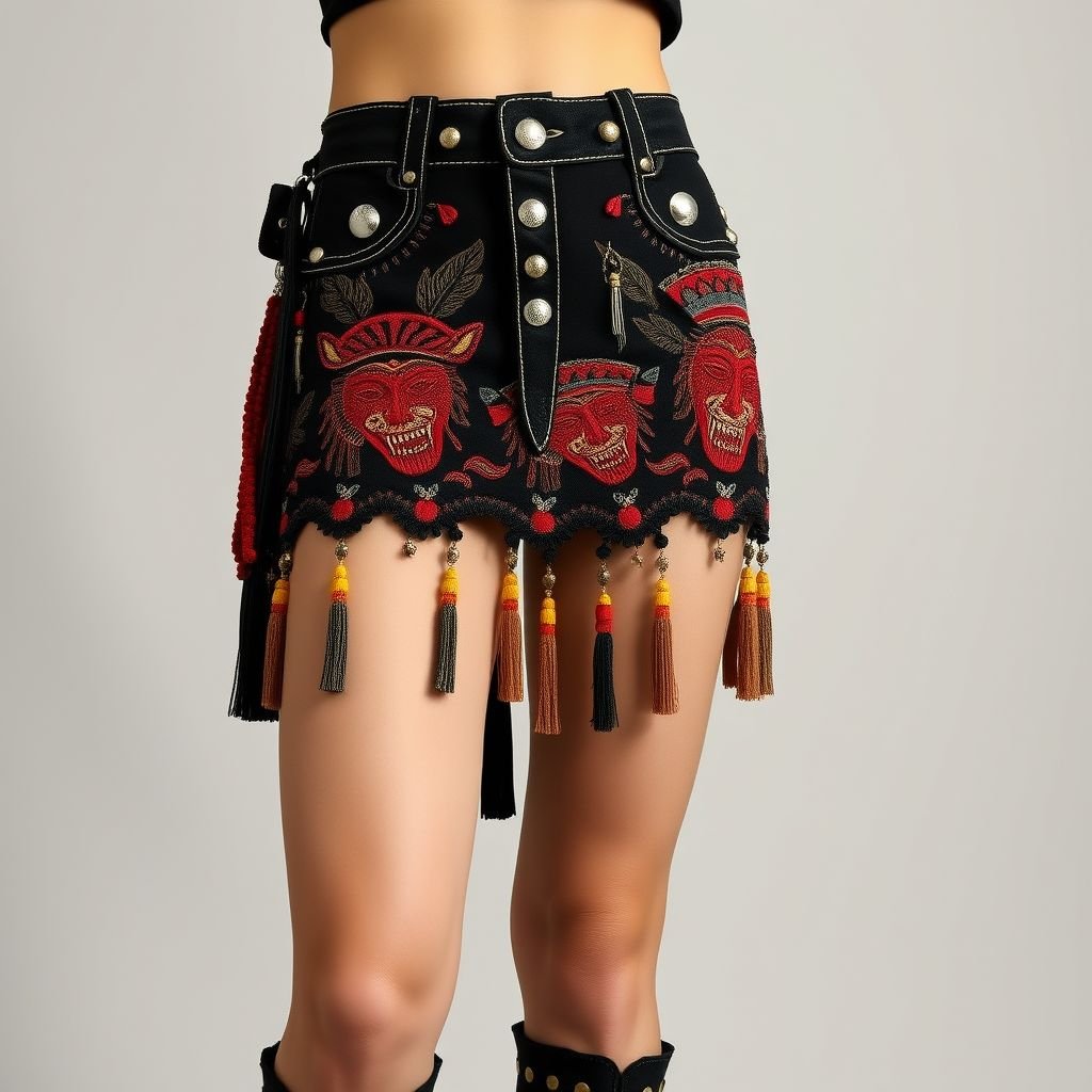 Designe a mini skirt Very micro and very low waist no masks just embroidery fully embroidered like a beduin mask from ksa with lots of tossels make it busy embroidery and different length tossels and studs to get her with long shifting tops like Jean Paul gaultier
Design a striking micro mini skirt embodying rockabilly flair. Crafted with a daringly low waist, the skirt features intricate, busy embroidery inspired by Bedouin masks from KSA. Adorned with various tassels of differing lengths and bold studs, it pairs perfectly with long, flowing tops reminiscent of Jean Paul Gaultier's avant-garde style.