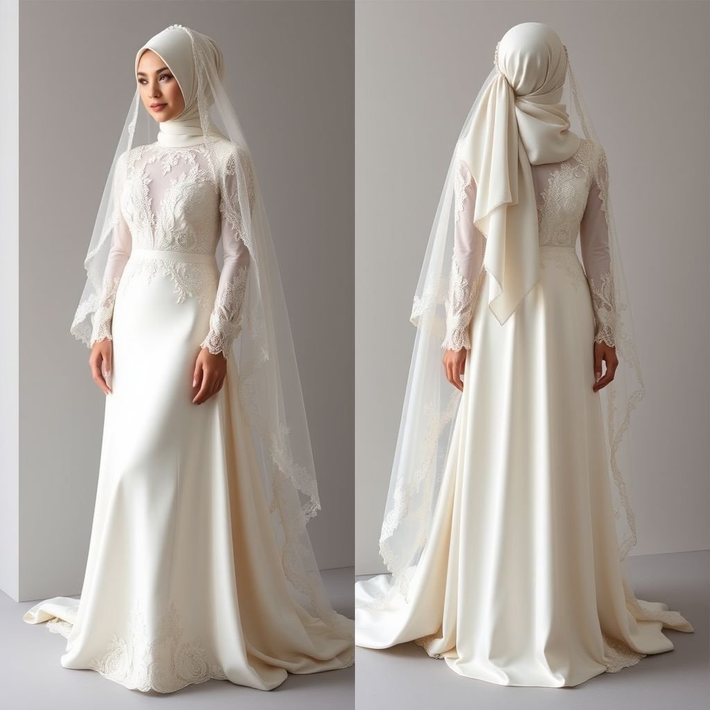 I want an elegant and modest bridal dresses they should also be unique and also put hijab and veils
Design an elegant classic bridal collection featuring modest dresses with timeless silhouettes. Incorporate luxurious fabrics like satin and lace, adorned with intricate embroidery. Each gown should blend unique elements, like asymmetrical cuts and vintage lace overlays, complemented by beautifully draped hijabs and delicate veils, creating a harmonious, sophisticated bridal ensemble.